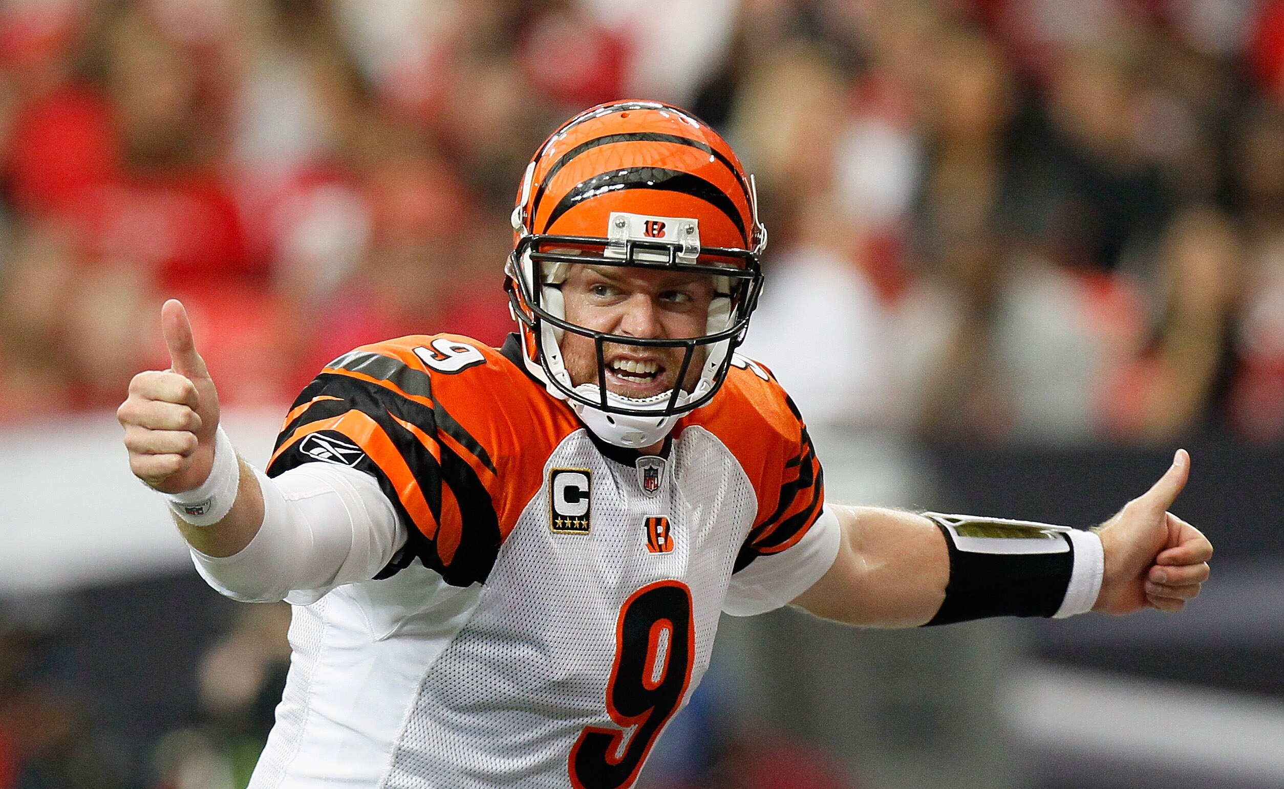 ATLANTA - OCTOBER 24:  Quarterback Carson Palmer #9 of the Cincinnati Bengals against the Atlanta Falcons at Georgia Dome on October 24, 2010 in Atlanta, Georgia.  (Photo by Kevin C. Cox/Getty Images)