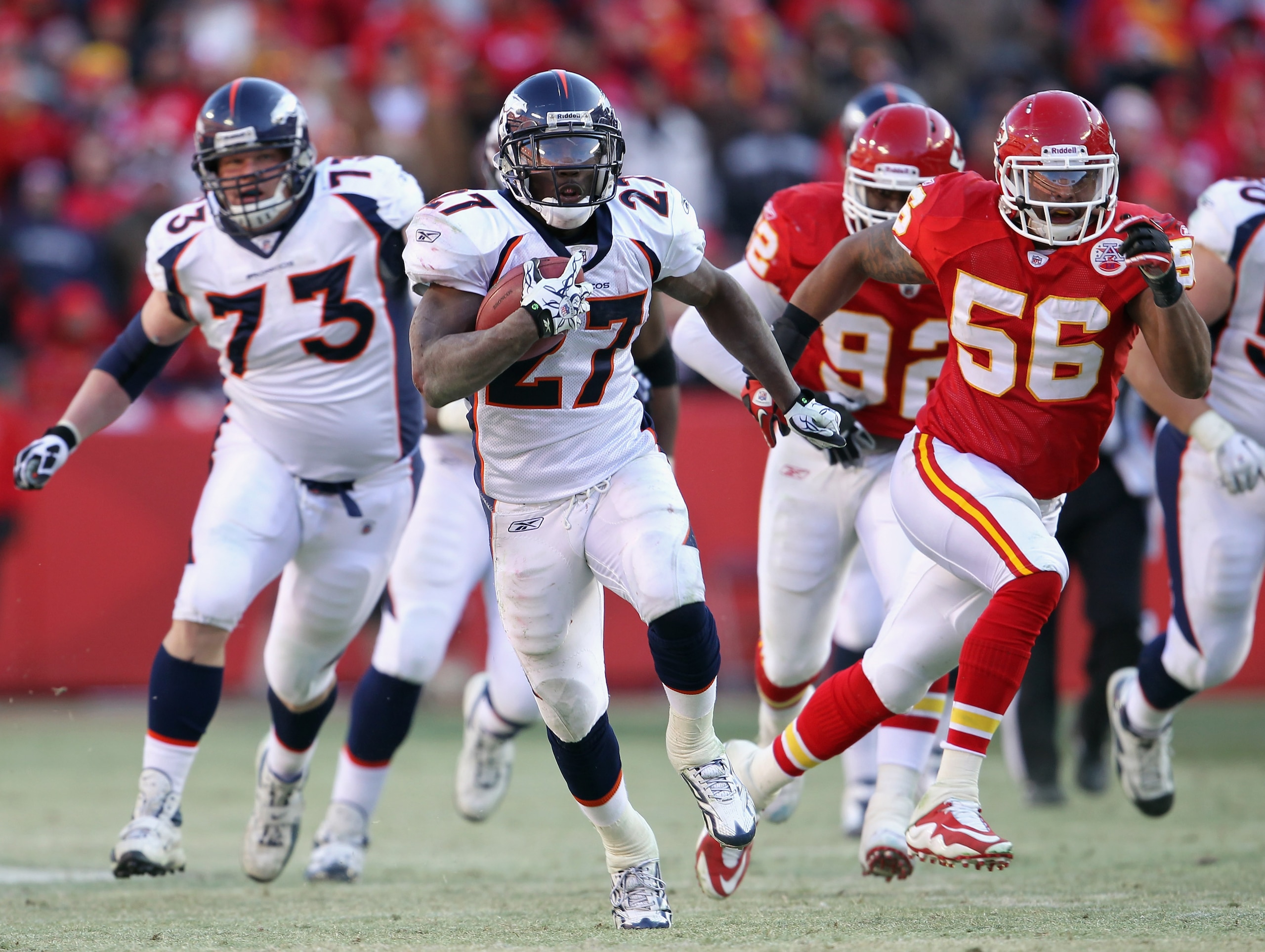 KANSAS CITY, MO - DECEMBER 05:  Knowshon Moreno #27 of the Denver Broncos carries the ball during the game against the Kansas City Chiefs on December 5, 2010 at Arrowhead Stadium in Kansas City, Missouri.  (Photo by Jamie Squire/Getty Images)