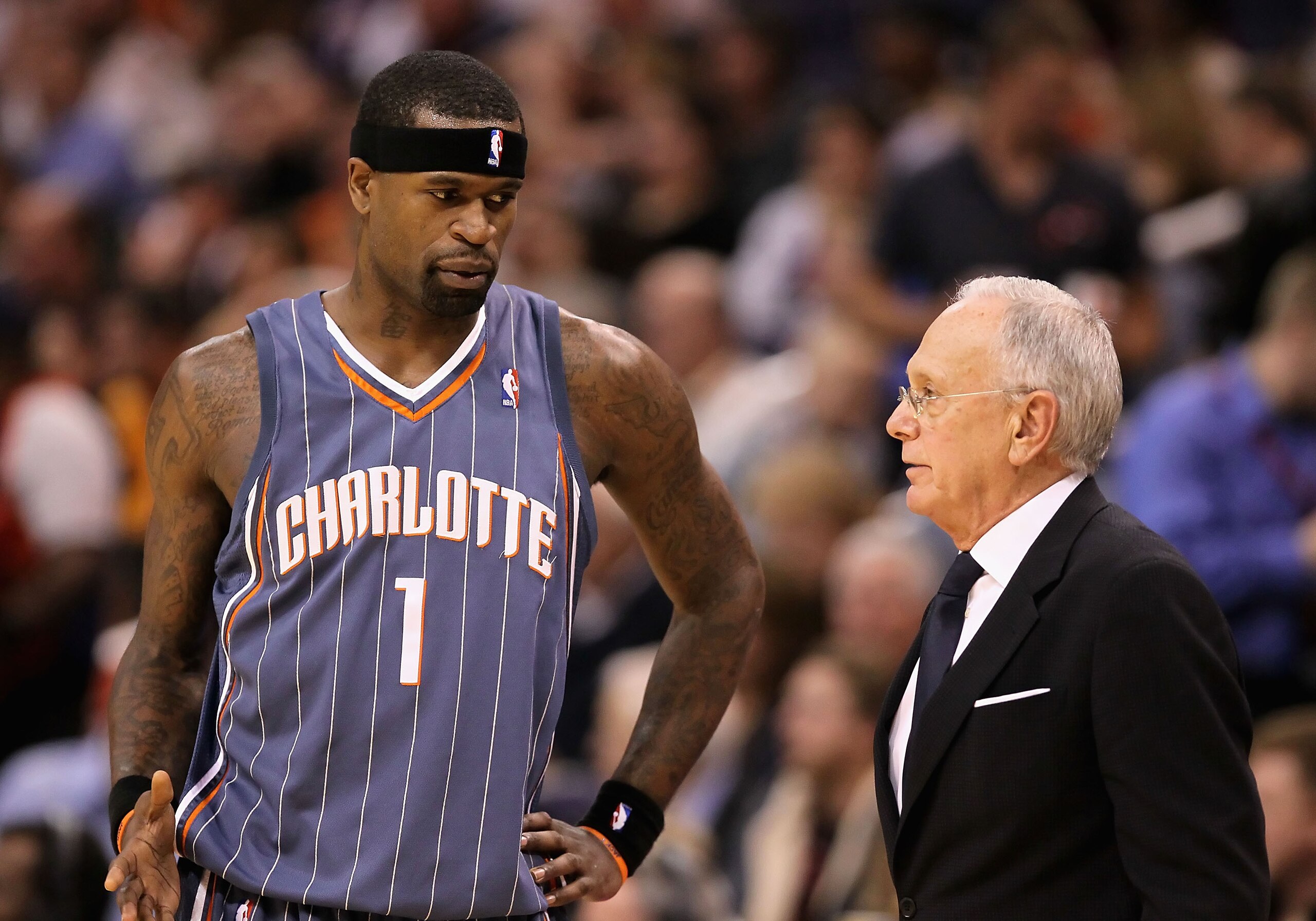 PHOENIX - JANUARY 26: Stephen Jackson #1 of the Charlotte Bobcats talks with head coach Larry Brown during a break from the NBA game against the Phoenix Suns at US Airways Center on January 26, 2010 in Phoenix, Arizona. The Bobcats defeated the Suns in PHOENIX - JANUARY 26: Stephen Jackson #1 of the Charlotte Bobcats talks with head coach Larry Brown during a break from the NBA game against the Phoenix Suns at US Airways Center on January 26, 2010 in Phoenix, Arizona. The Bobcats defeated the Suns in