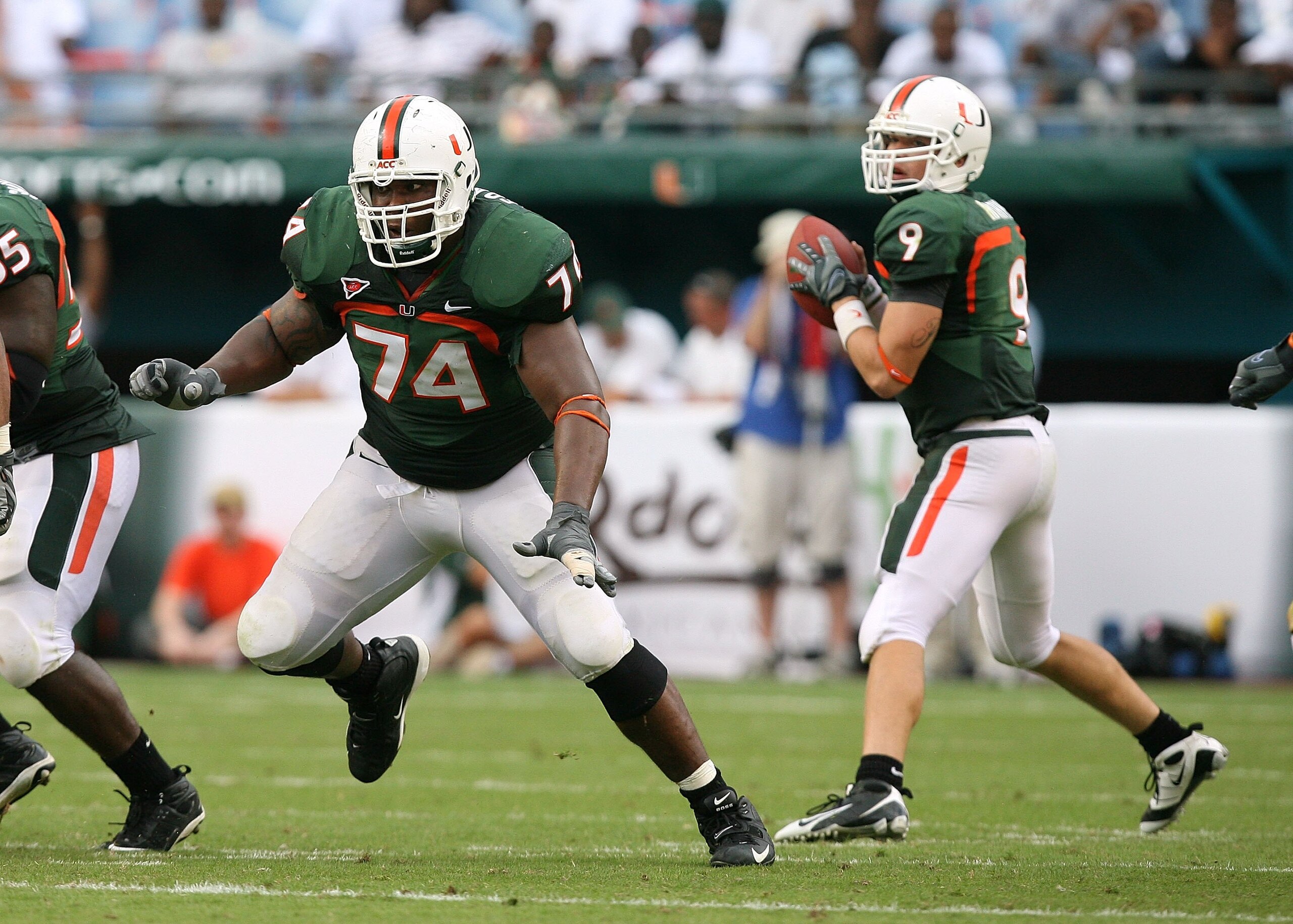 MIAMI - OCTOBER 25: Offensive lineman Orlando Franklin #74 of the Miami Hurricanes drops back to block while taking on the Wake Forest Demon Decons at Dolphin Stadium on October 25, 2008 in Miami, Florida. Miami defeated Wake Forest 16-10. (Photo by Dou MIAMI - OCTOBER 25: Offensive lineman Orlando Franklin #74 of the Miami Hurricanes drops back to block while taking on the Wake Forest Demon Decons at Dolphin Stadium on October 25, 2008 in Miami, Florida. Miami defeated Wake Forest 16-10. (Photo by Dou