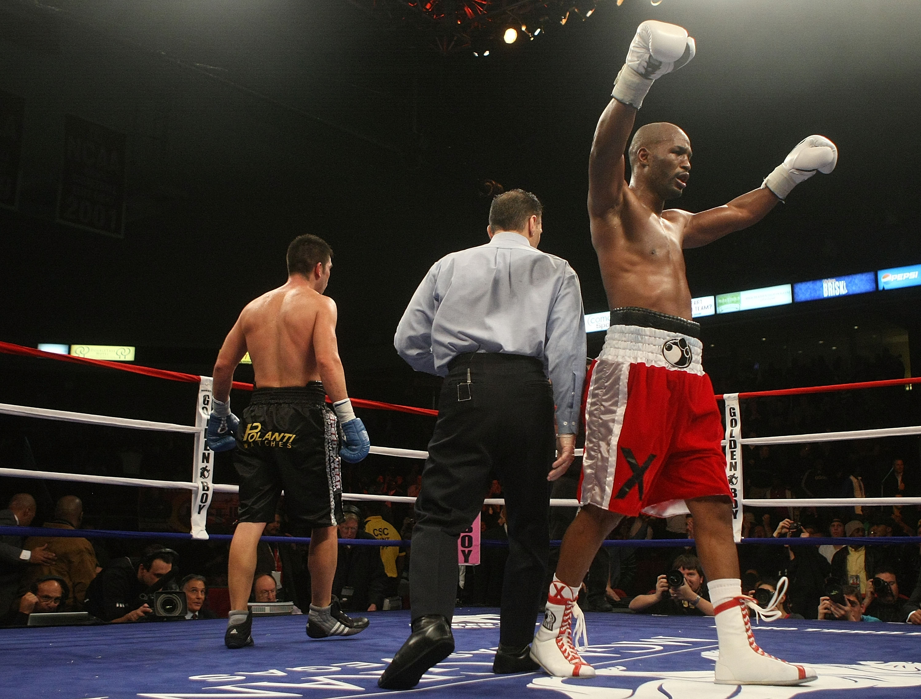 PHILADELPHIA - DECEMBER 02:  Bernard Hopkins celebrates at the final bell against Enrique Ornelas of Mexico during their Light Heavyweight bout on December 2, 2009 at The Liacouras Center in Philadelphia, Pennsylvania.  (Photo by Nick Laham/Getty Images)