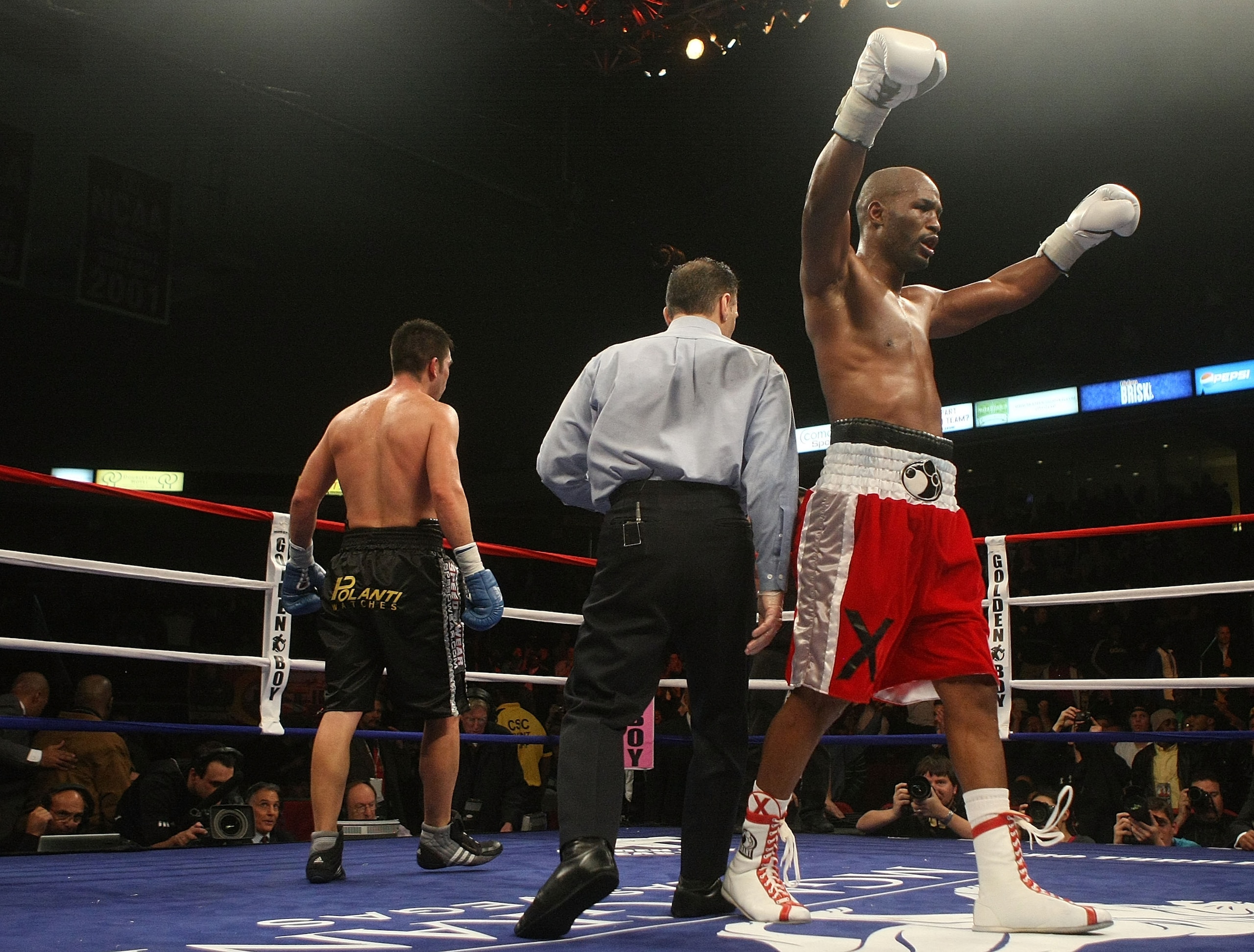 PHILADELPHIA - DECEMBER 02:  Bernard Hopkins celebrates at the final bell against Enrique Ornelas of Mexico during their Light Heavyweight bout on December 2, 2009 at The Liacouras Center in Philadelphia, Pennsylvania.  (Photo by Nick Laham/Getty Images)