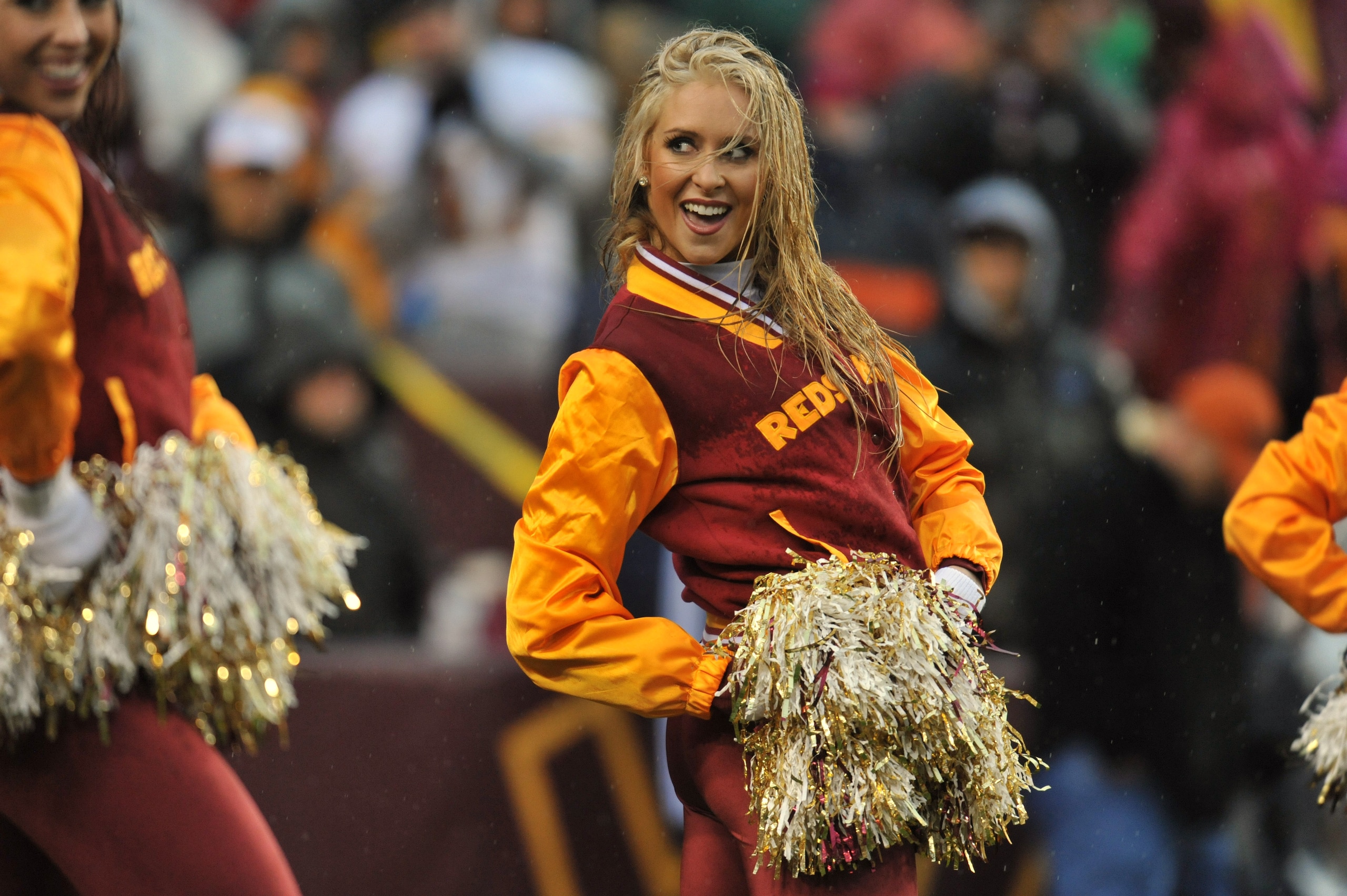 LANDOVER, MD - DECEMBER 12:  A cheerleader for the Washington Redskins performs a routine during a time out during the game against the Tampa Bay Buccaneers at FedExField on December 12, 2010 in Landover, Maryland. The Buccaneers defeated the Redskins 17-