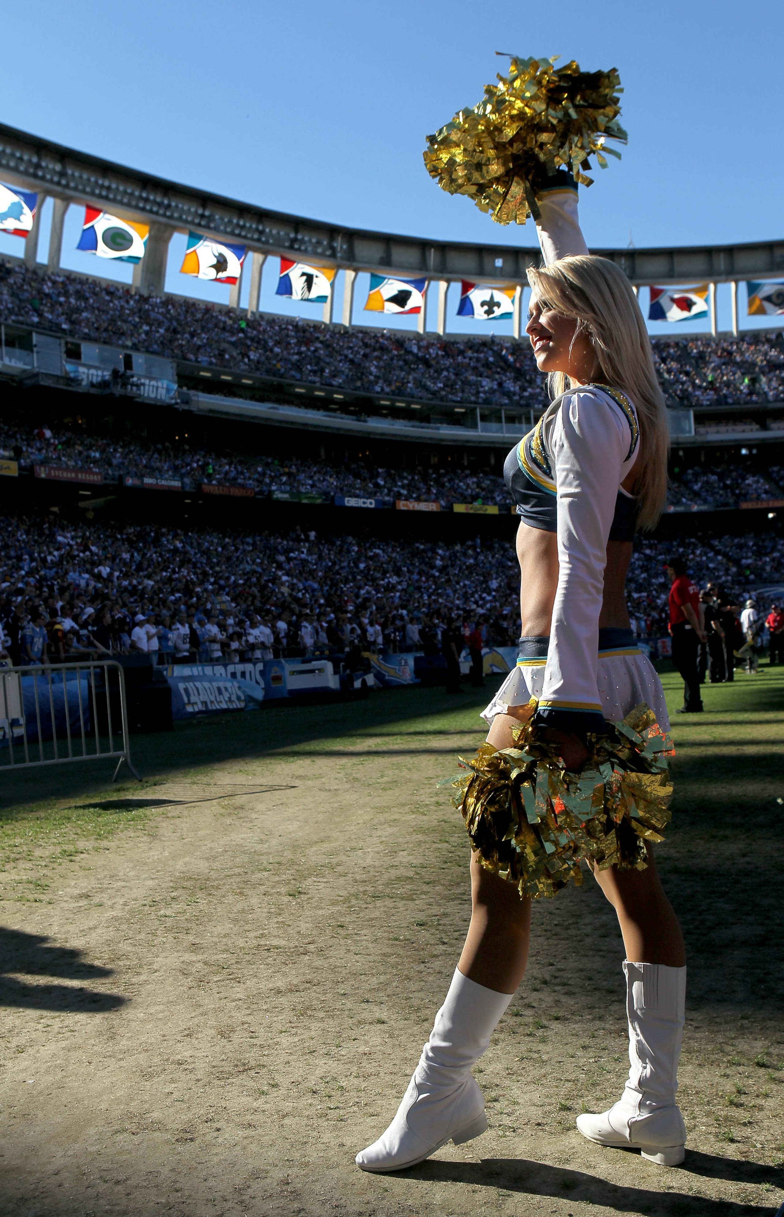 SAN DIEGO - DECEMBER 12:  A Charger Girl performs during the game between the San Diego Chargers and the Kansas City Chiefs at Qualcomm Stadium on December 12, 2010 in San Diego, California.  the Chargers won 31-0.  (Photo by Stephen Dunn/Getty Images)