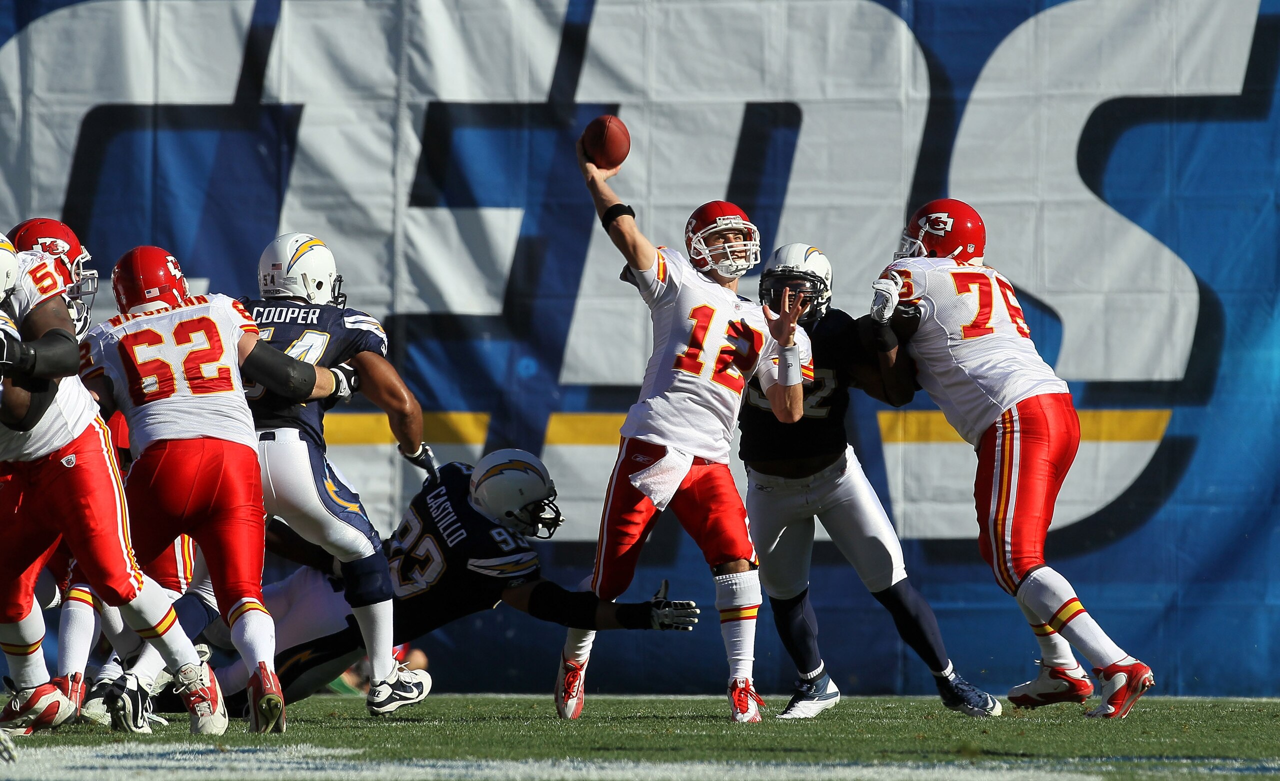 SAN DIEGO - DECEMBER 12:  Quarterback Brodie Croyle #12 of the Kansas City Chiefs throws a pass against the San Diego Chargers at Qualcomm Stadium on December 12, 2010 in San Diego, California.  The Chargers won 31-0.  (Photo by Stephen Dunn/Getty Images)