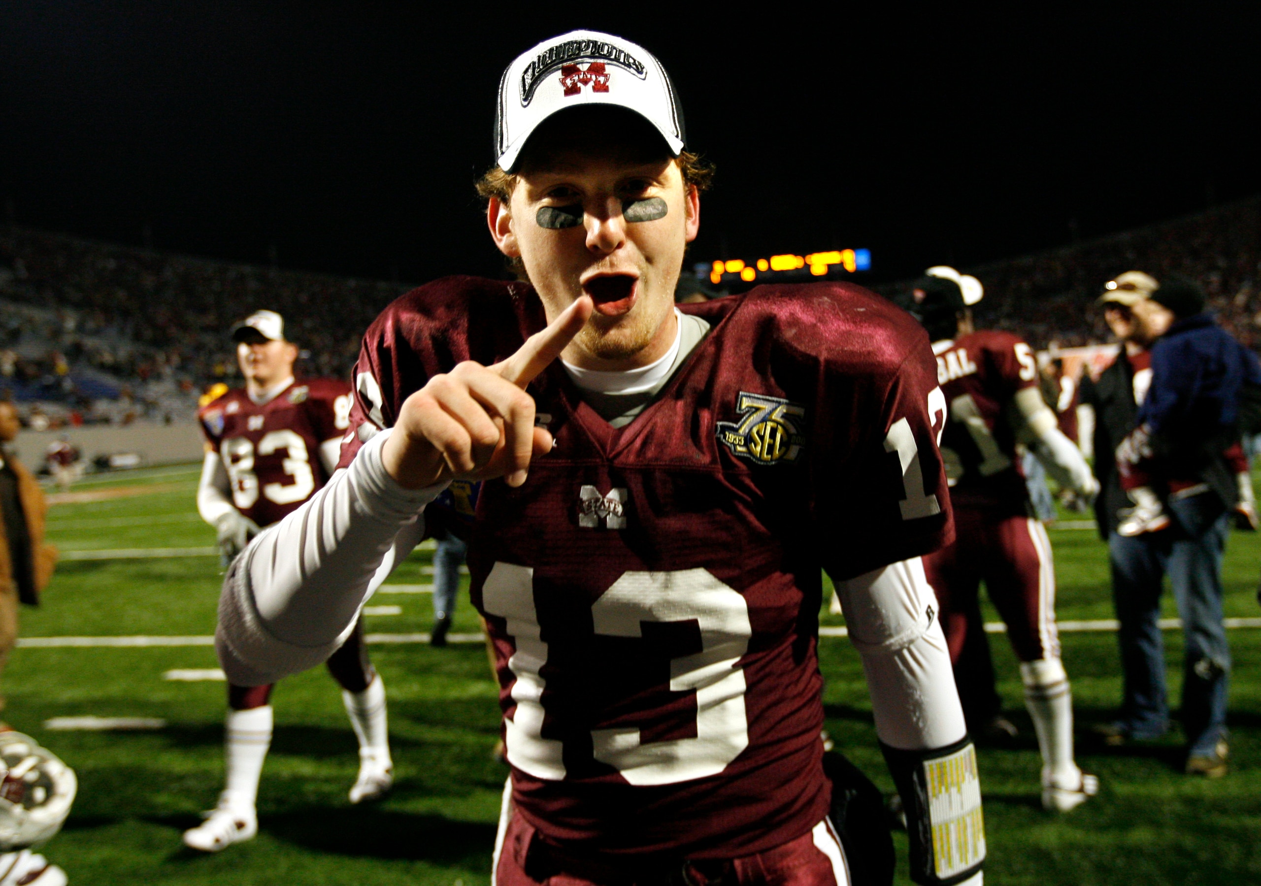 MEMPHIS, TN - DECEMBER 29: Wesley Carroll #13 of the Mississippi State Bulldogs celebrates the victory over the UCF Knights during the 49th Annual Autozone Liberty Bowl at Liberty Bowl Memorial Stadium December 29, 2007 in Memphis, Tennessee. The Bulldog MEMPHIS, TN - DECEMBER 29: Wesley Carroll #13 of the Mississippi State Bulldogs celebrates the victory over the UCF Knights during the 49th Annual Autozone Liberty Bowl at Liberty Bowl Memorial Stadium December 29, 2007 in Memphis, Tennessee. The Bulldog