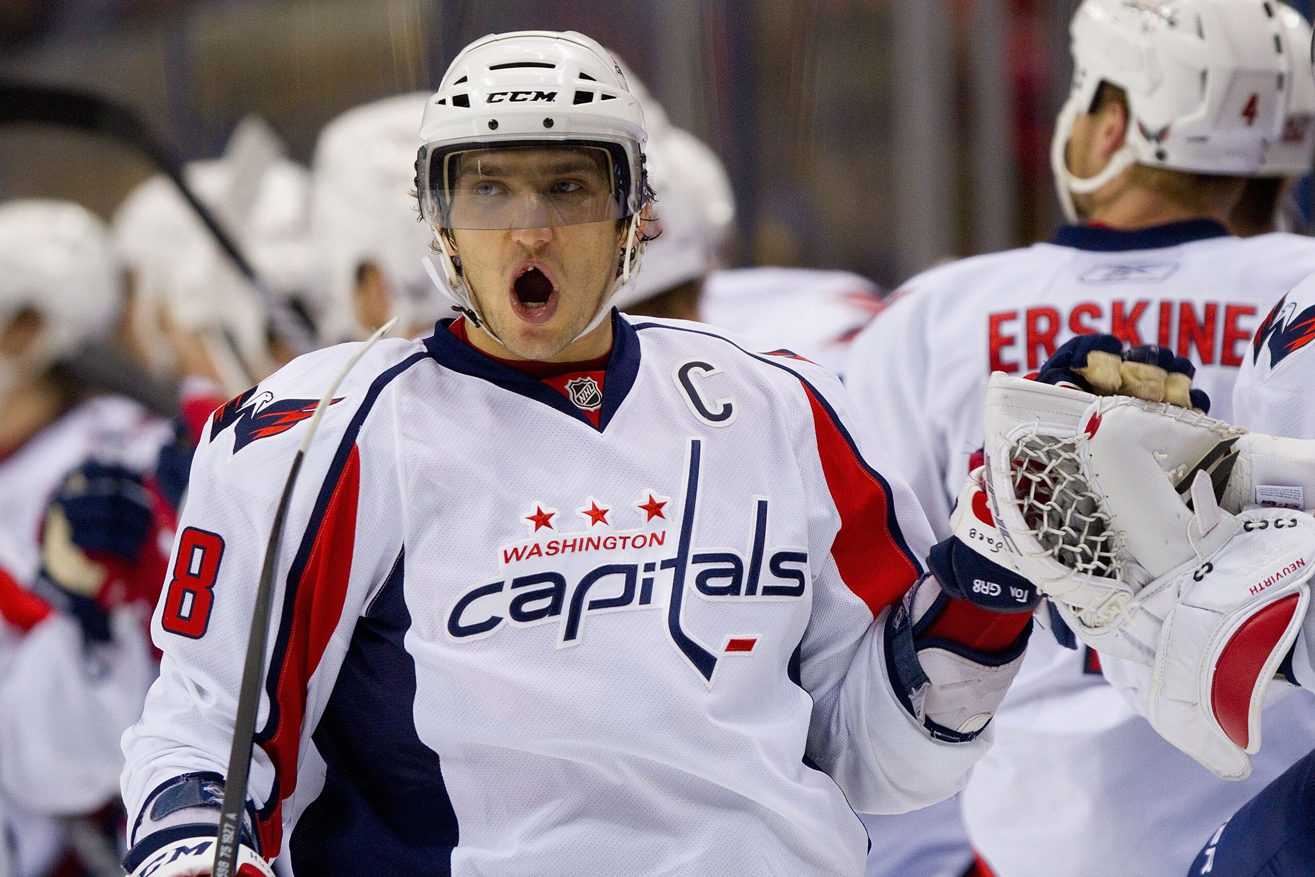 ST. LOUIS, MO - DECEMBER 01: Alex Ovechkin #8 of the Washington Capitals celebrates a goal against the St. Louis Blues at the Scottrade Center on December 1, 2010 in St. Louis, Missouri.  The Capitals beat the Blues 4-1.  (Photo by Dilip Vishwanat/Getty I