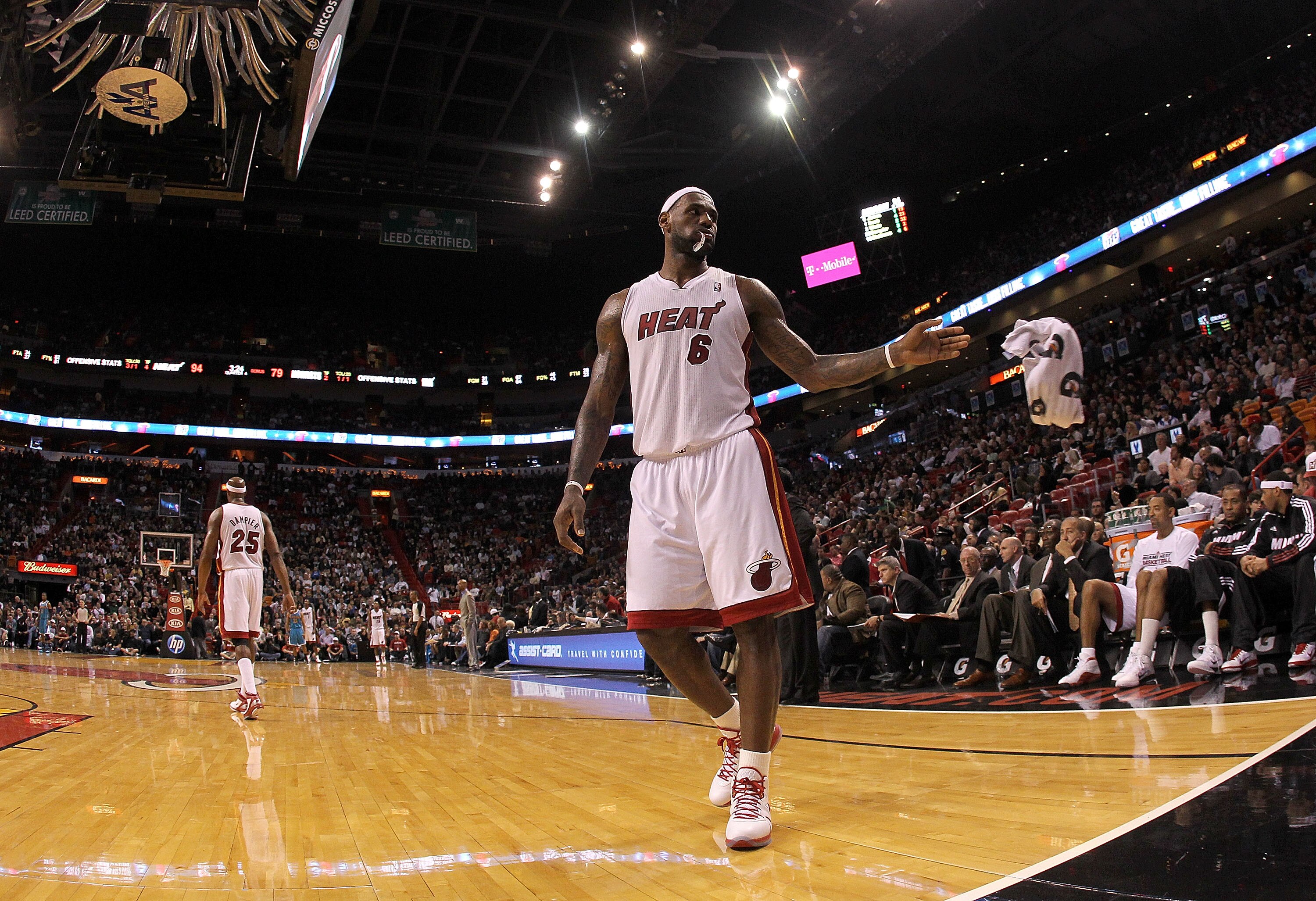 MIAMI, FL - DECEMBER 13:  LeBron James #6 of the Miami Heat waits during a foul shot during a game against the New Orleans Hornets at American Airlines Arena on December 13, 2010 in Miami, Florida. NOTE TO USER: User expressly acknowledges and agrees that