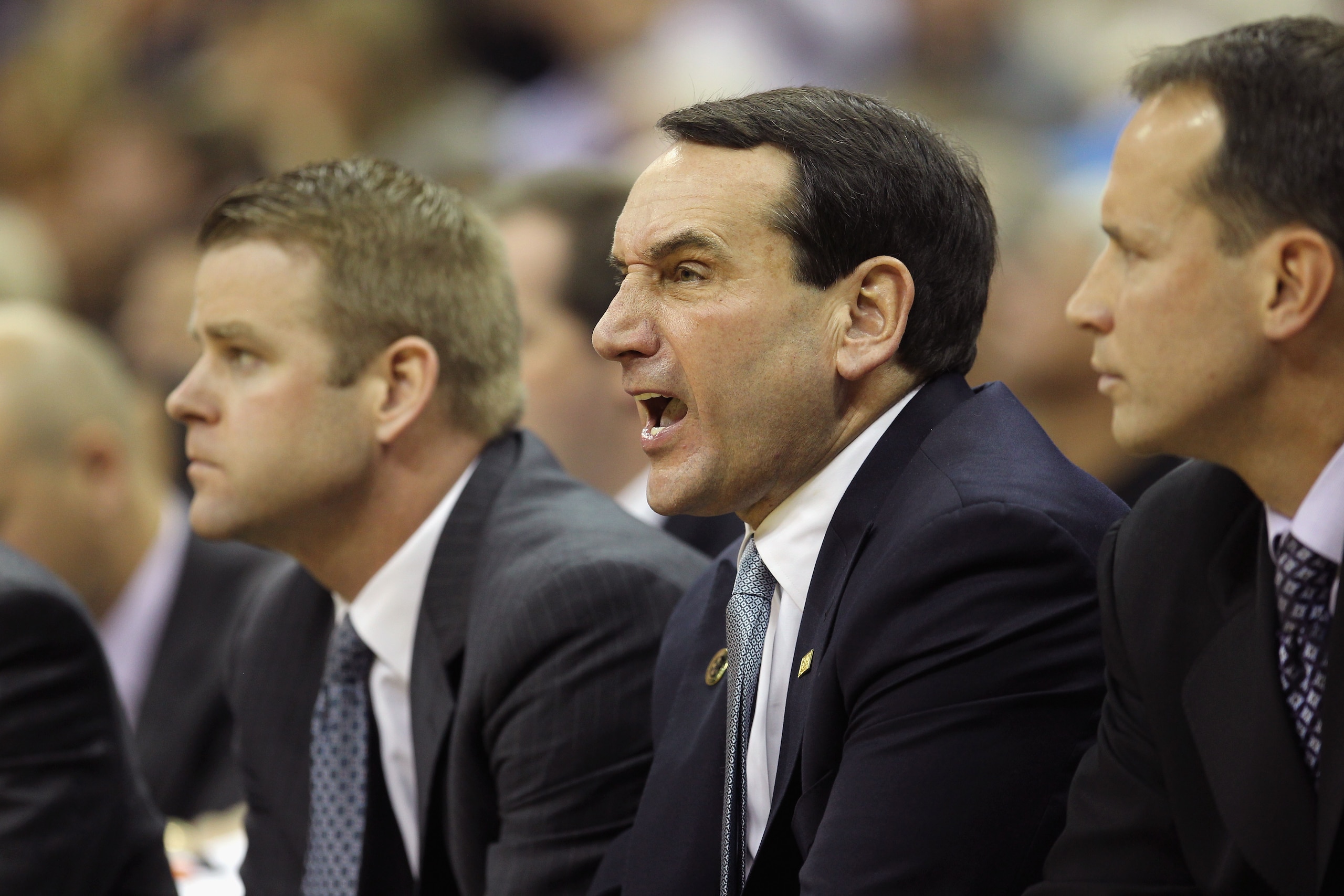 KANSAS CITY, MO - NOVEMBER 22:  Head coach Mike Krzyzewski of the Duke Blue Devils coaches from the bench during the CBE Classic game against the Marquette Golden Eagles on November 22, 2010 at the Sprint Center in Kansas City, Missouri.  (Photo by Jamie