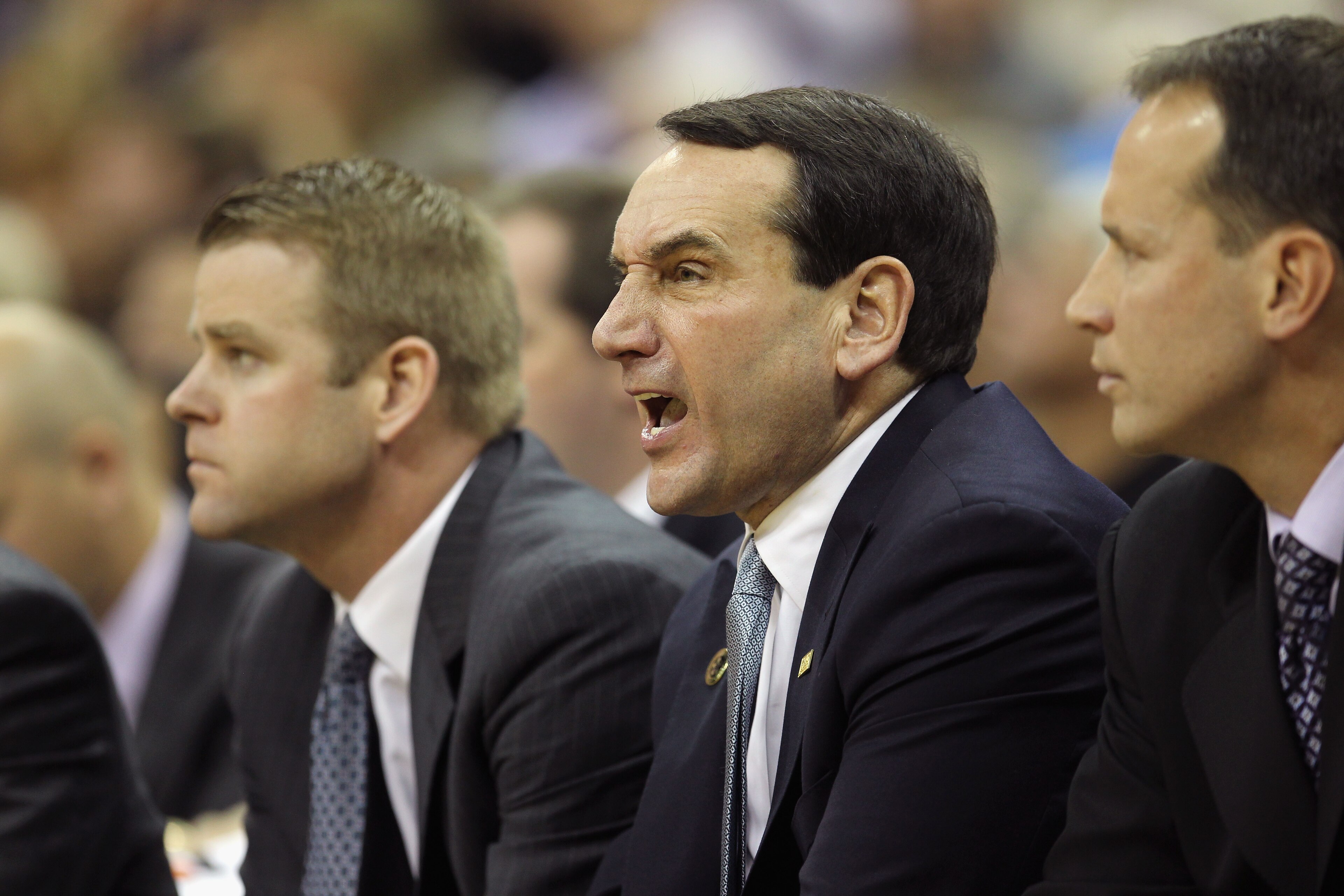 KANSAS CITY, MO - NOVEMBER 22:  Head coach Mike Krzyzewski of the Duke Blue Devils coaches from the bench during the CBE Classic game against the Marquette Golden Eagles on November 22, 2010 at the Sprint Center in Kansas City, Missouri.  (Photo by Jamie