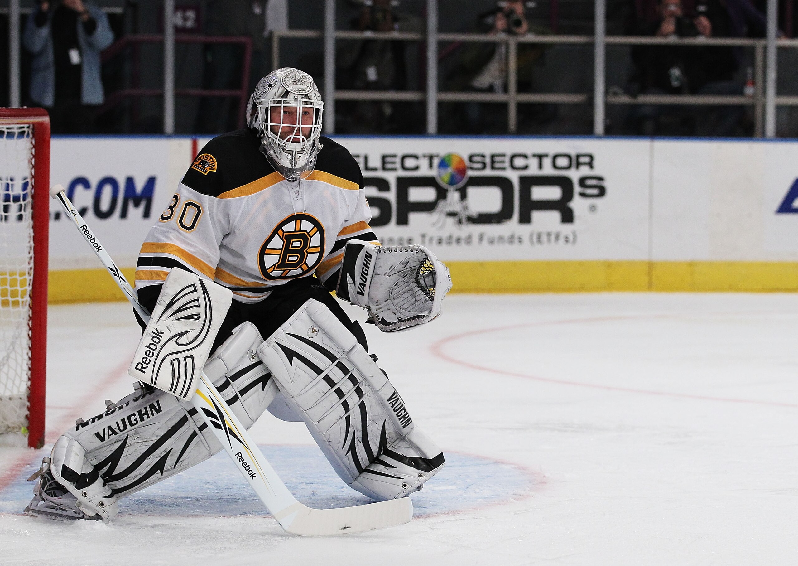 NEW YORK - NOVEMBER 17:  Tim Thomas #30 of the Boston Bruins in action against the New York Rangers during their game on November 17, 2010 at Madison Square Garden in New York City, New York.  (Photo by Al Bello/Getty Images)