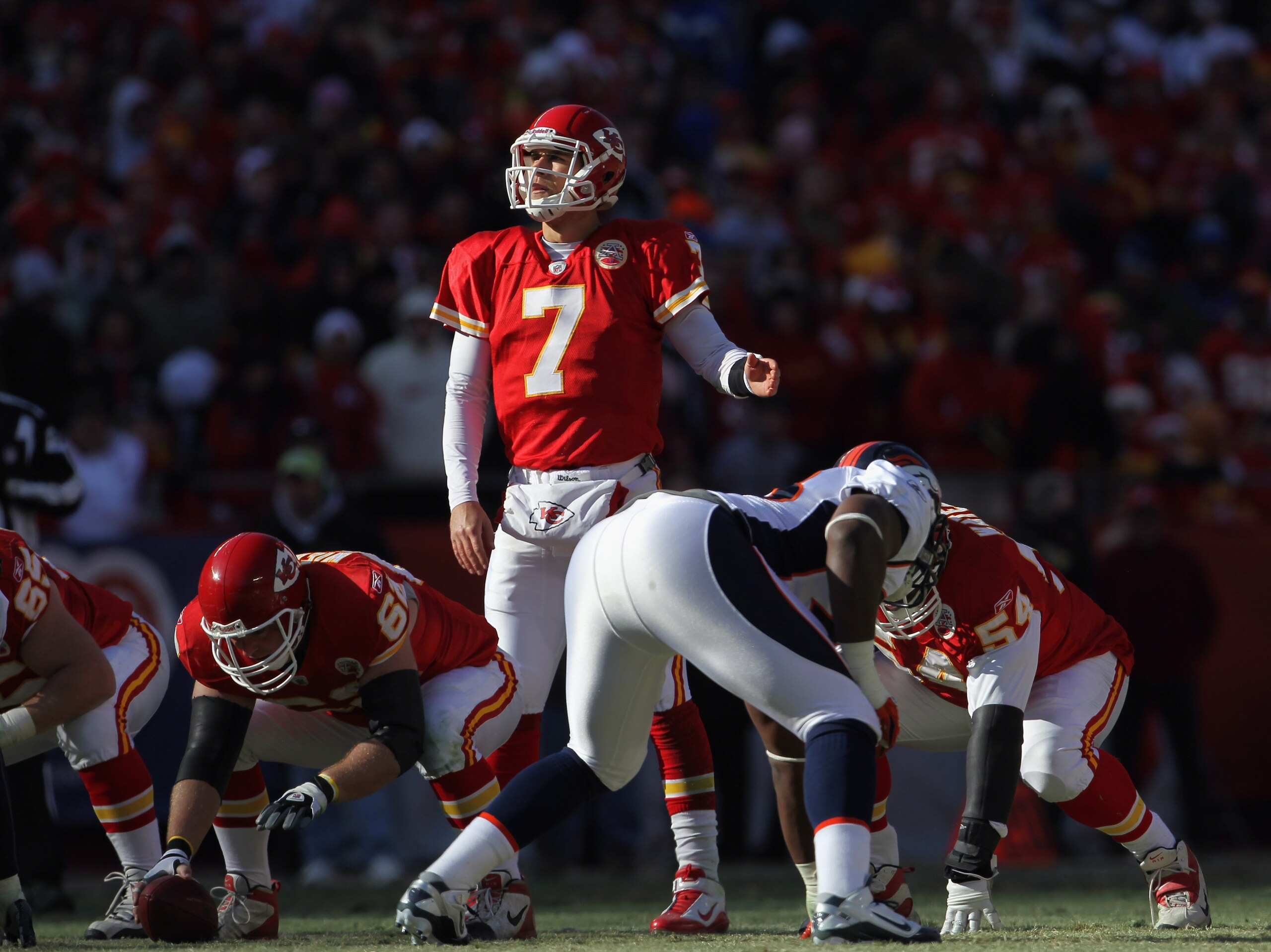 KANSAS CITY, MO - DECEMBER 05:  Quarterback Matt Cassel #7 of the Kansas City Chiefs in action during the game against the Denver Broncos on December 5, 2010 at Arrowhead Stadium in Kansas City, Missouri.  (Photo by Jamie Squire/Getty Images)
