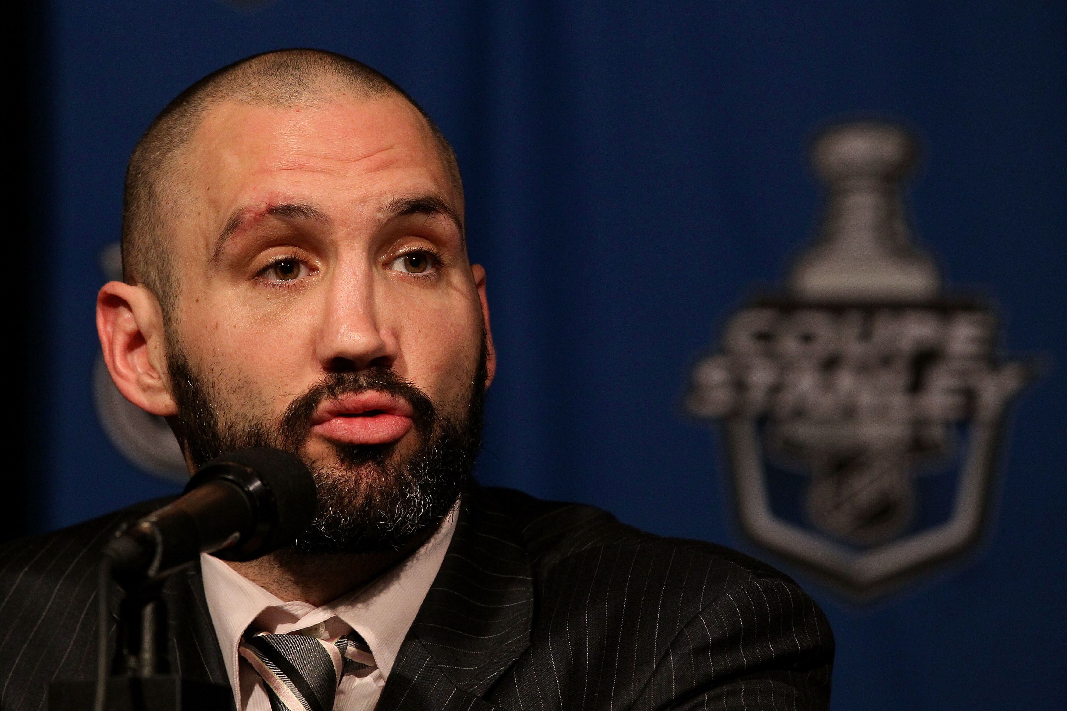 MONTREAL, QC - MAY 22:  Ian Laperriere of the Philadelphia Flyers speaks to the media after defeating the Montreal Canadiens by a score of 3-0 to win Game 4 of the Eastern Conference Finals during the 2010 NHL Stanley Cup Playoffs at Bell Centre on May 22