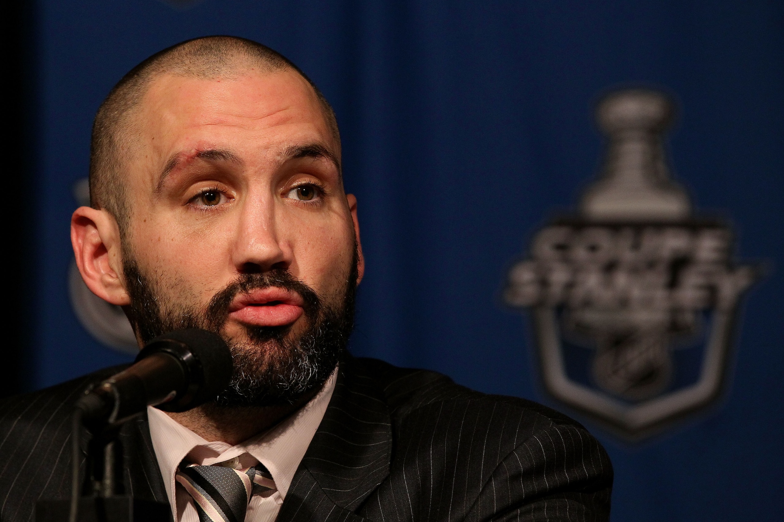MONTREAL, QC - MAY 22:  Ian Laperriere of the Philadelphia Flyers speaks to the media after defeating the Montreal Canadiens by a score of 3-0 to win Game 4 of the Eastern Conference Finals during the 2010 NHL Stanley Cup Playoffs at Bell Centre on May 22
