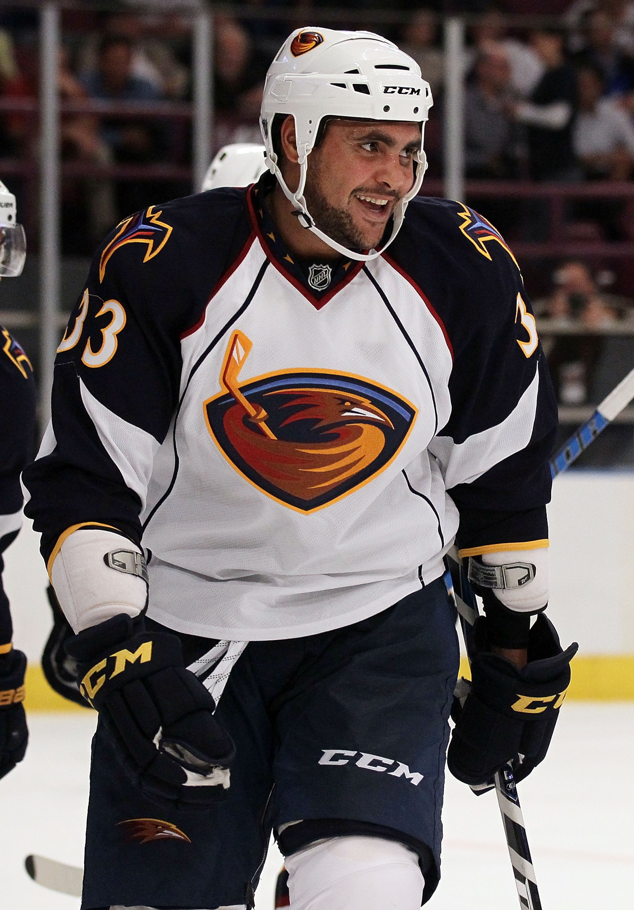 NEW YORK - OCTOBER 27:  Dustin Byfuglien #33 of the Atlanta Thrashers celebrates his third period goal against of the New York Rangers on October 27, 2010 at Madison Square Garden in New York City. Atlanta defeated the Rangers 6-4.  (Photo by Jim McIsaac/