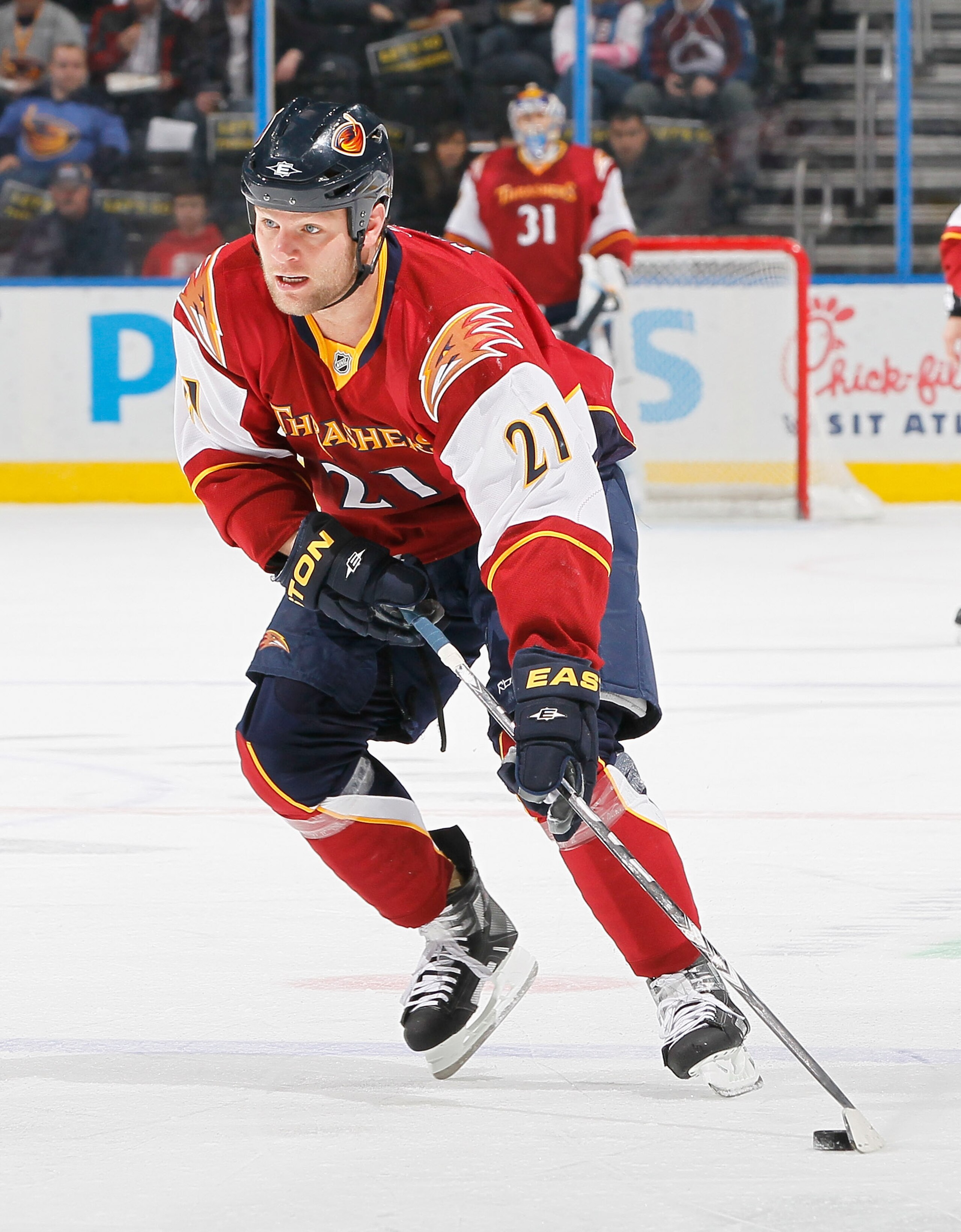 ATLANTA, GA - DECEMBER 10:  Ben Eager #21 of the Atlanta Thrashers against the Colorado Avalanche at Philips Arena on December 10, 2010 in Atlanta, Georgia.  (Photo by Kevin C. Cox/Getty Images)