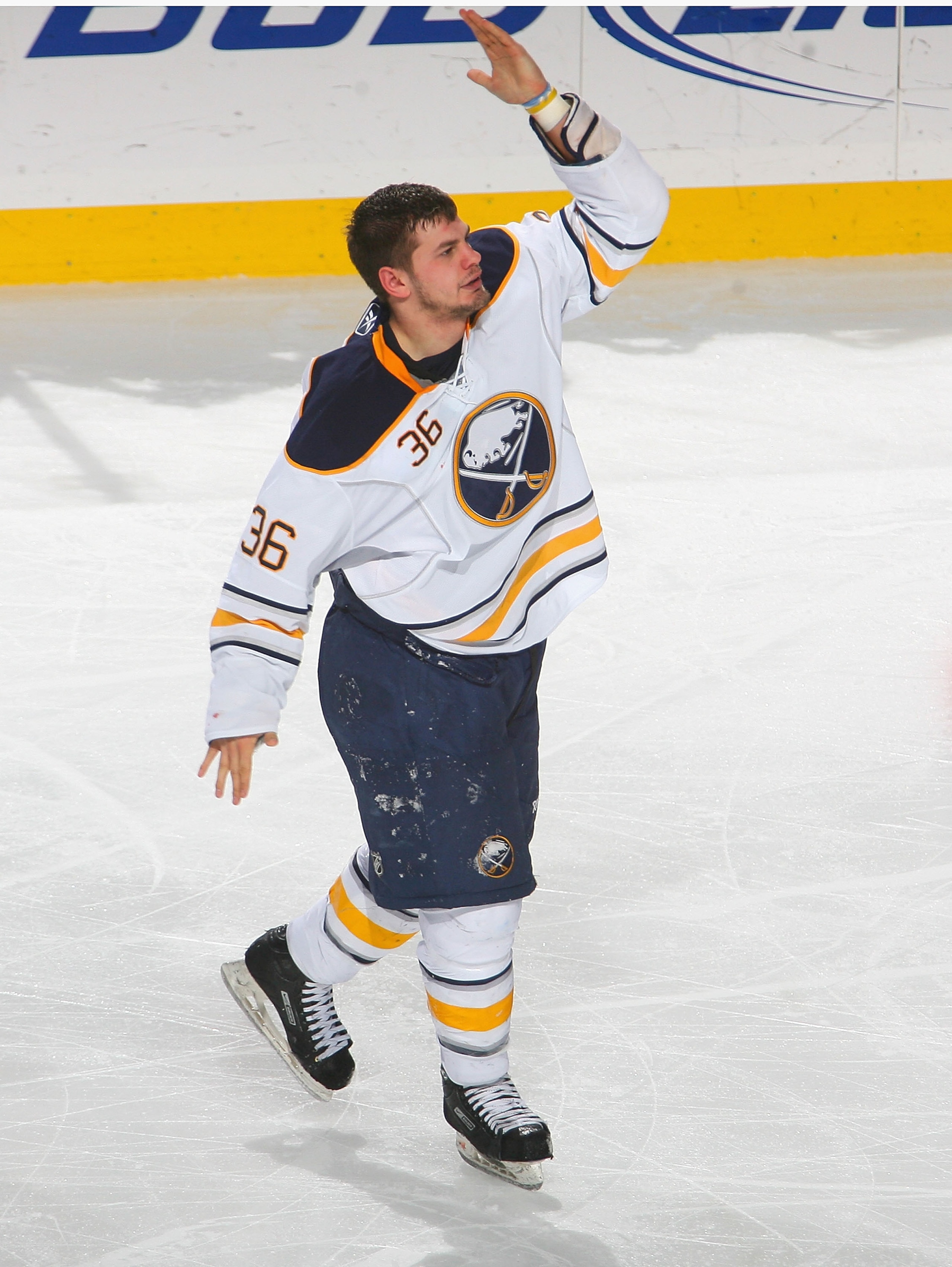 BUFFALO, NY - DECEMBER 03:  Patrick Kaleta #36 of the Buffalo Sabres reacts after fighting against Derek Dorsett #15 (not shown) of the Columbus Blue Jackets at HSBC Arena  on December 3, 2010 in Buffalo, New York. Buffalo won 5-0.  (Photo by Rick Stewart