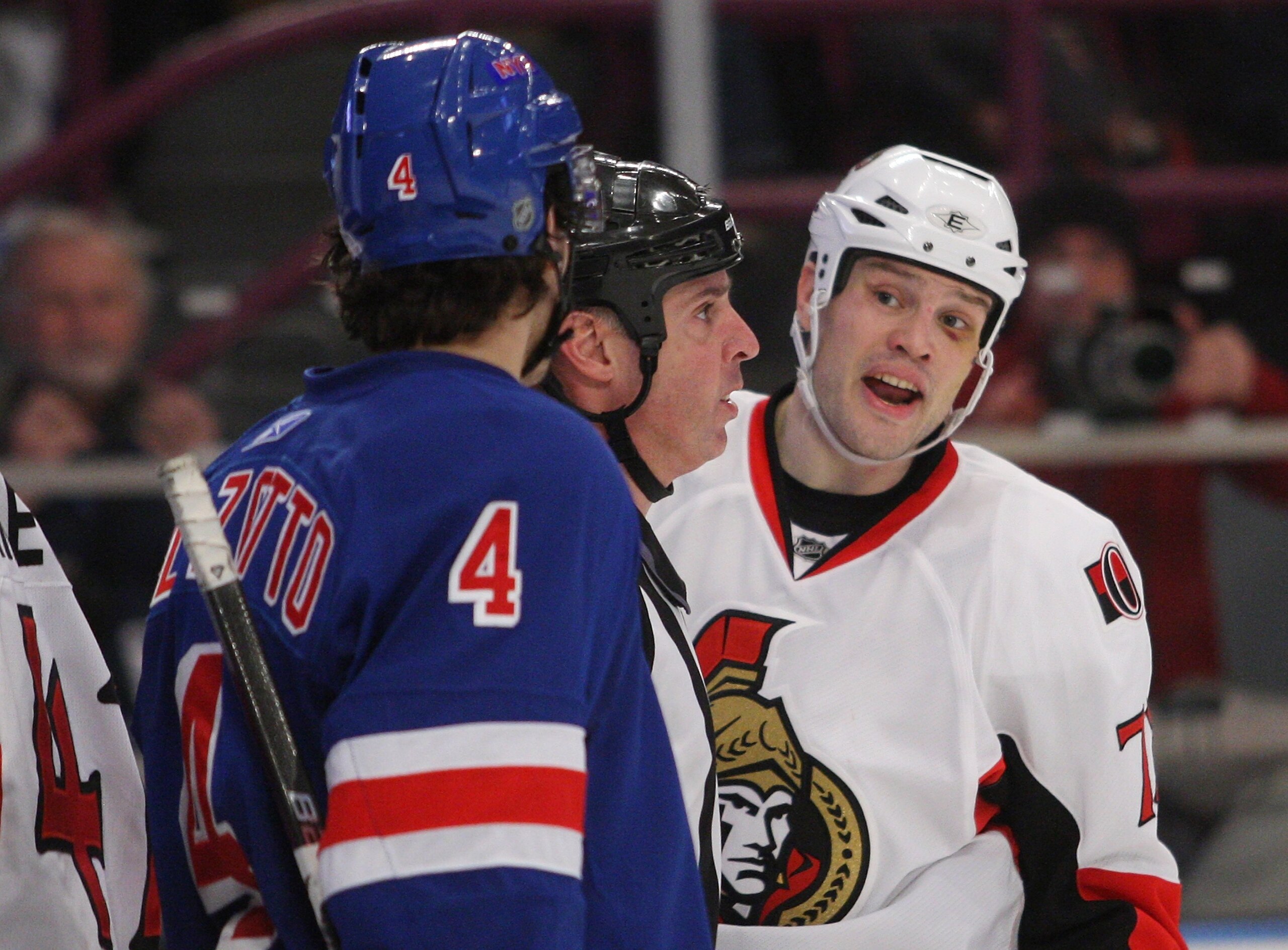 NEW YORK - JANUARY 14: Jarkko Ruutu #73 of the Ottawa Senators speaks with Michael Del Zotto #4 of the New York Rangers at Madison Square Garden on January 14, 2010 in New York, New York.  (Photo by Bruce Bennett/Getty Images)