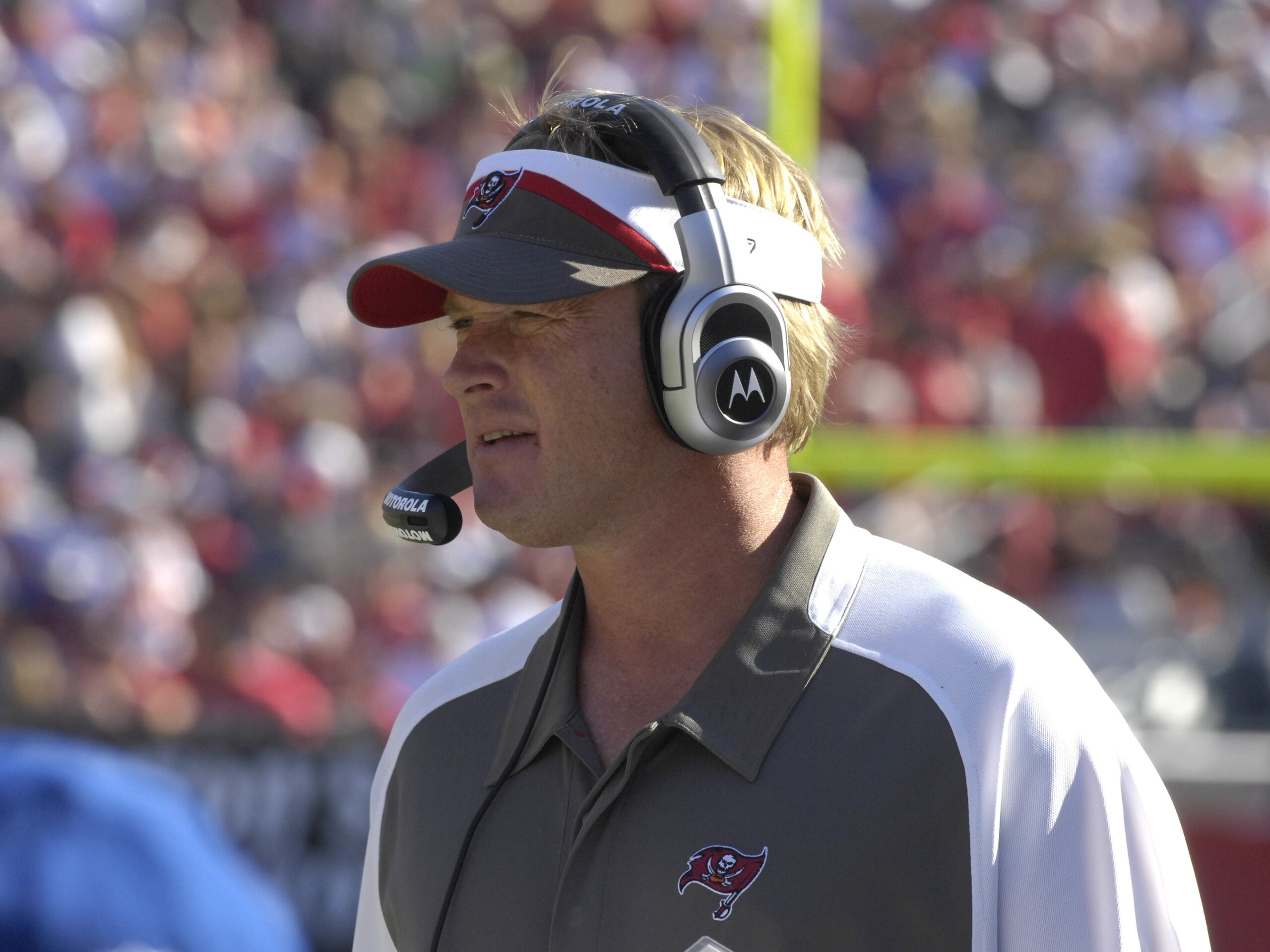 TAMPA, FL - NOVEMBER 4: Coach Jon Gruden of the Tampa Bay Buccaneers checks his play card against the Arizona Cardinals at the Raymond James Stadium  on November 4, 2007 in Tampa, Florida.  The Bucs won 17 - 10. (Photo by Al Messerschmidt/Getty Images)