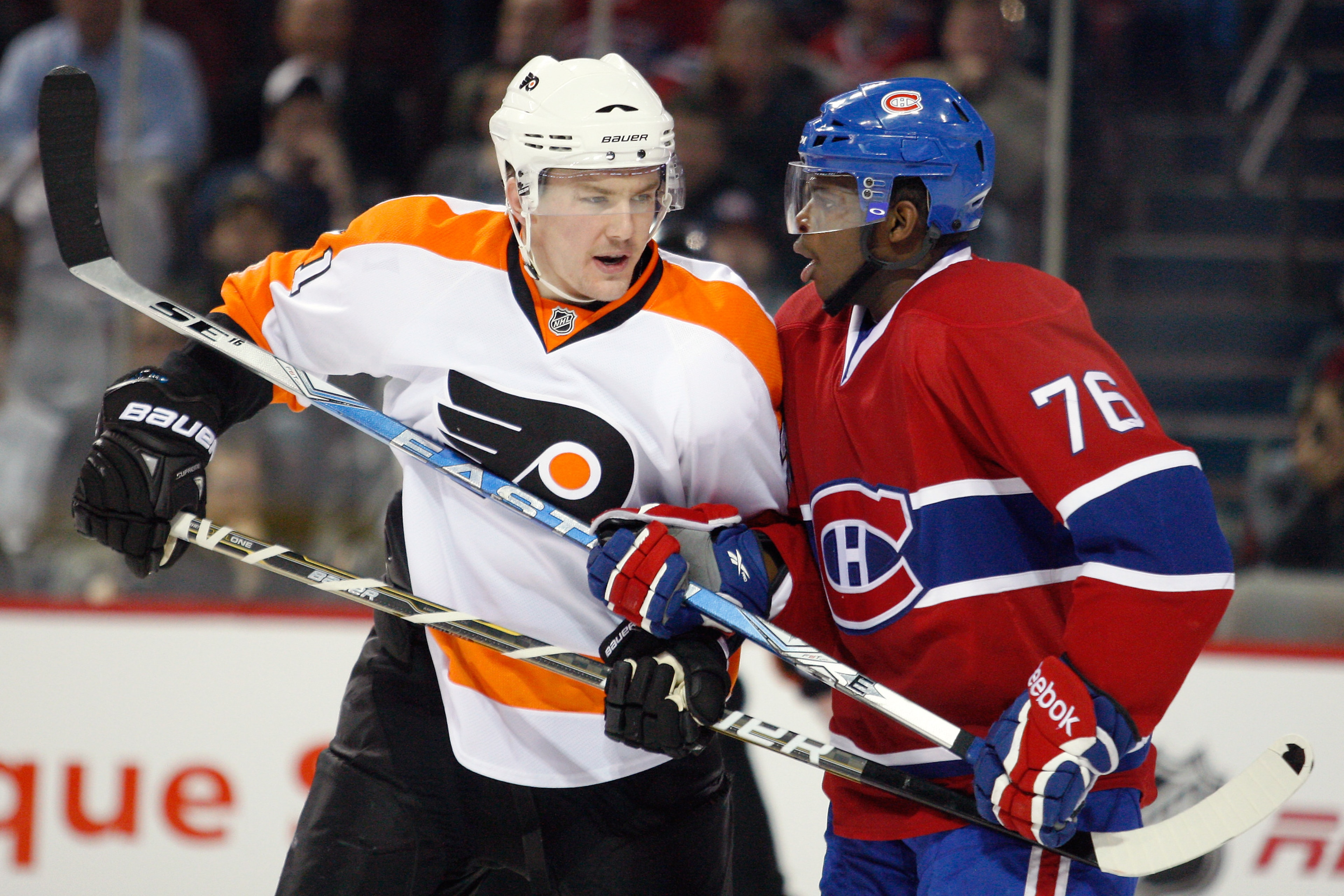 MONTREAL- NOVEMBER 16:  P.K. Subban #76 of the Montreal Canadiens and James van Riemsdyk #21 of the Philadelphia Flyers exchange words during the NHL game at the Bell Centre on November 16, 2010 in Montreal, Quebec, Canada.  (Photo by Richard Wolowicz/Get