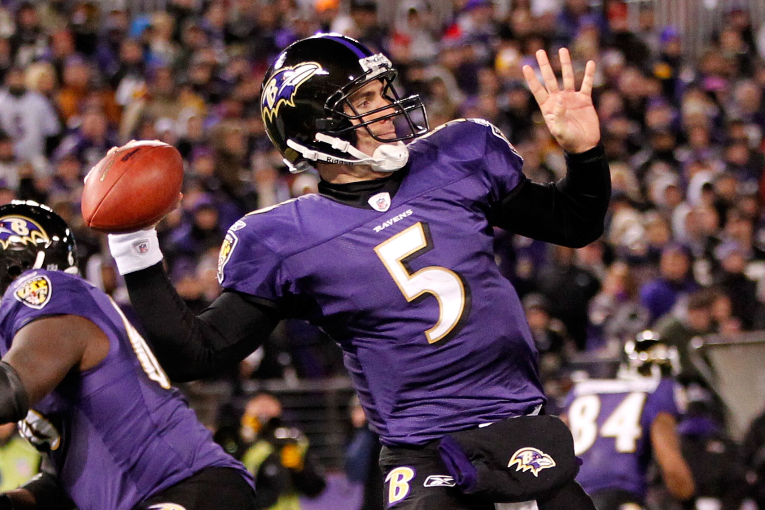 BALTIMORE, MD - DECEMBER 05:  Quarterback Joe Flacco #5 of the Baltimore Ravens looks to pass against the Pittsburgh Steelers at M&T Bank Stadium on December 5, 2010 in Baltimore, Maryland. Pittsburgh won 13-10.  (Photo by Geoff Burke/Getty Images)