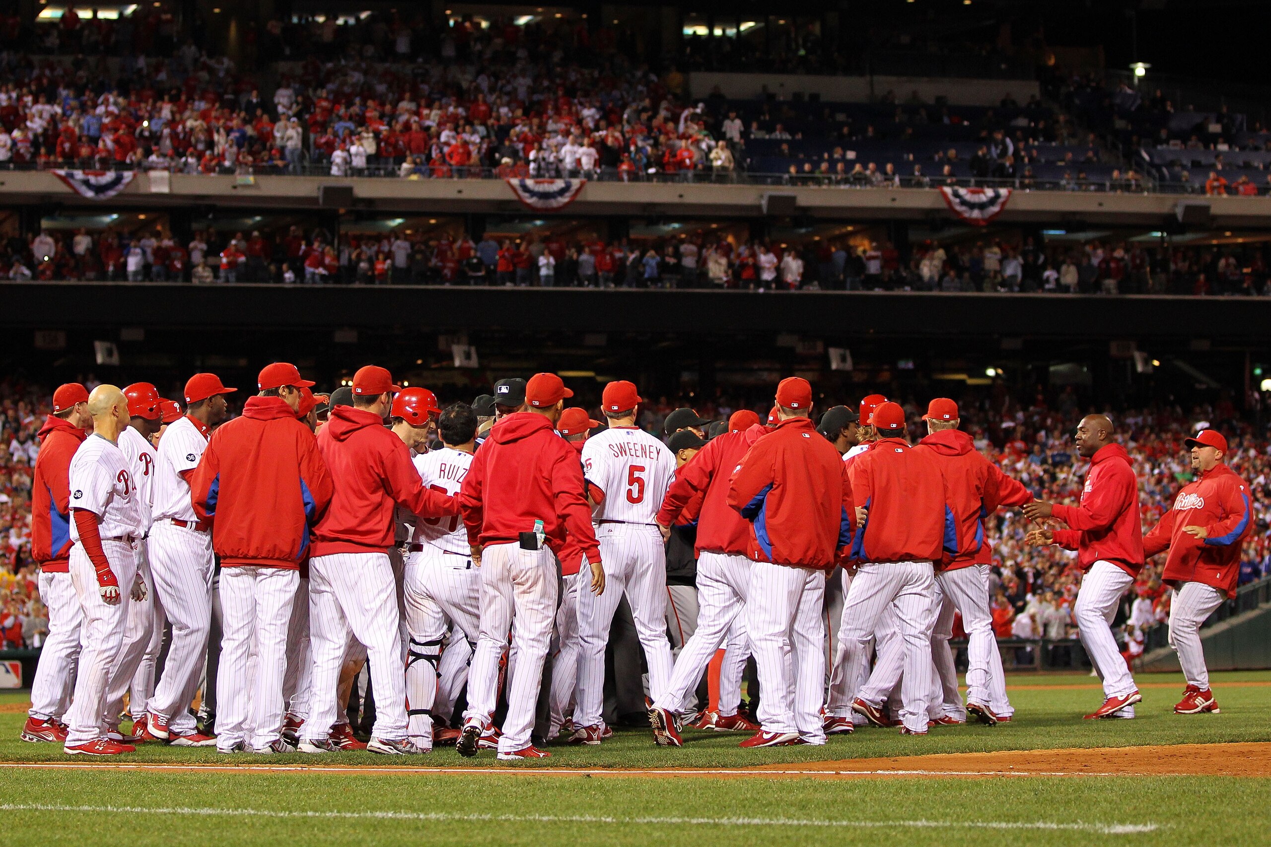 PHILADELPHIA - OCTOBER 23:  Benches clear between the Philadelphia Phillies and the San Francisco Giants after Chase Utley was hit by a pitch in the third inning of Game Six of the NLCS during the 2010 MLB Playoffs at Citizens Bank Park on October 23, 201