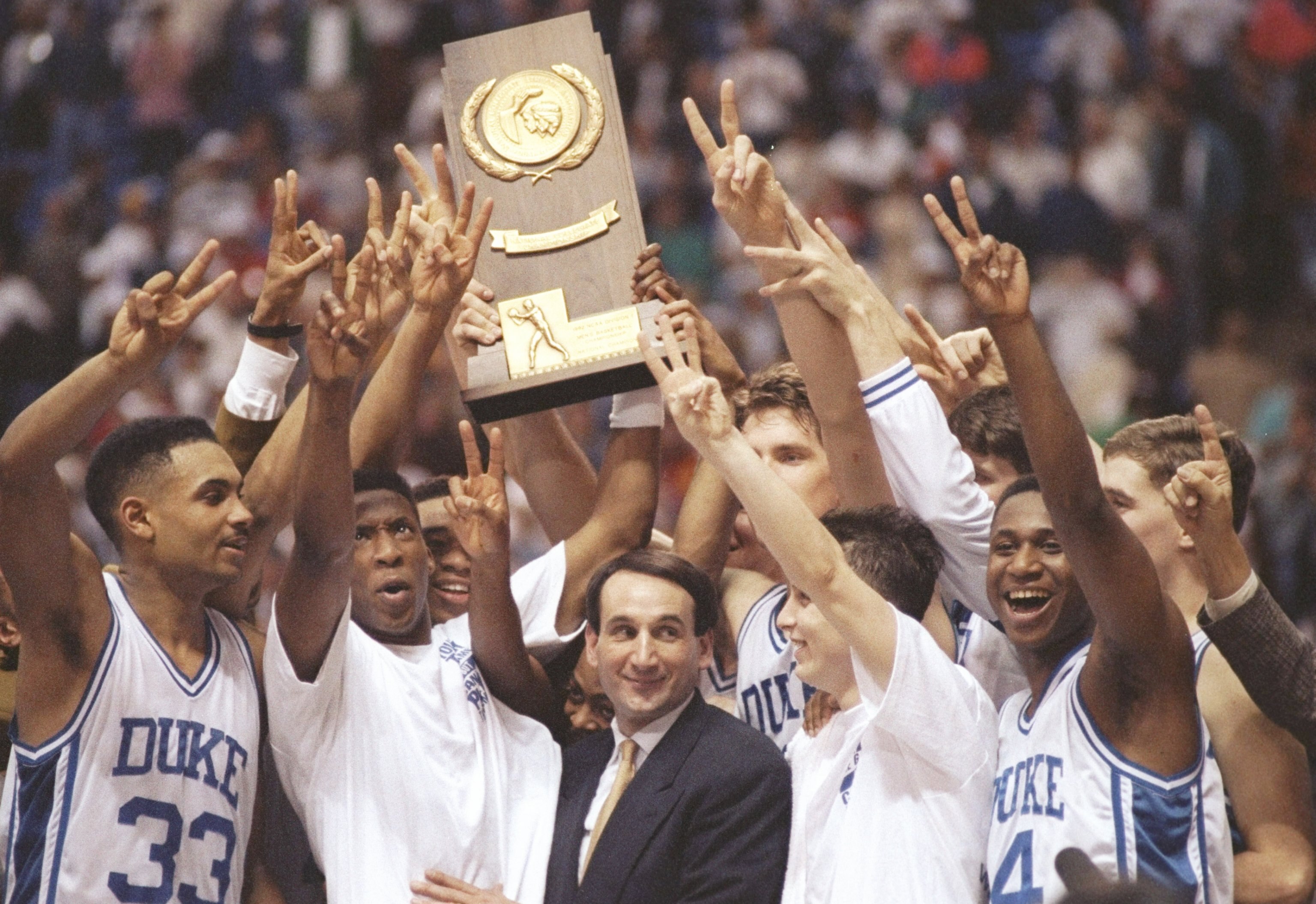 1992:  The Duke Blue Devils celebrate a victory during the NCAA Final Four tournament. Mandatory Credit: Jonathan Daniel  /Allsport