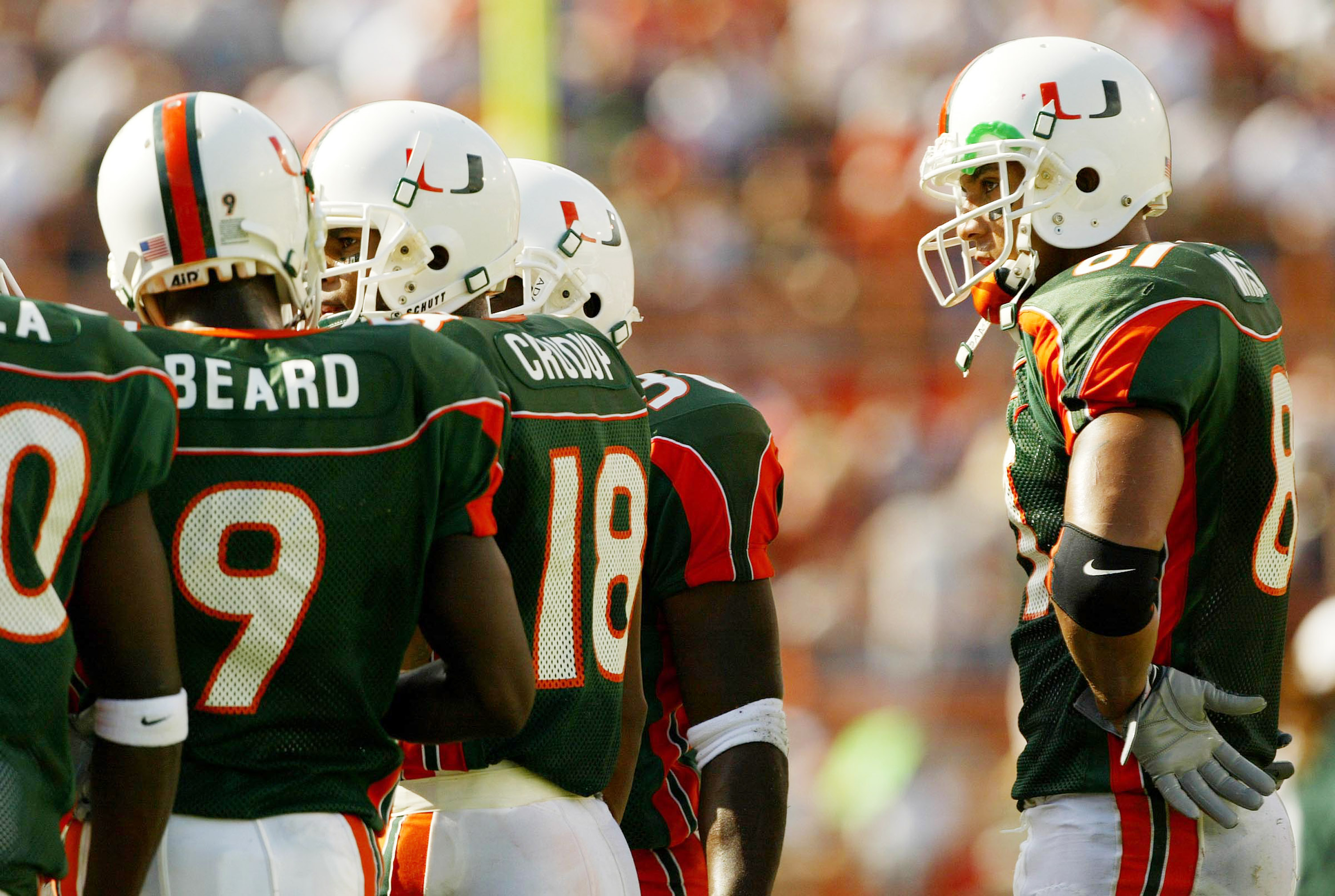 MIAMI - NOVEMBER 15:  Kellen Winslow #81 of the Miami Hurricanes waits outside the huddle on the sidelines as the Canes defeated the Syracuse Orangemen 17-10  during NCAA football action on November 15, 2003 at the Orange Bowl in Miami, Florida. (Photo by