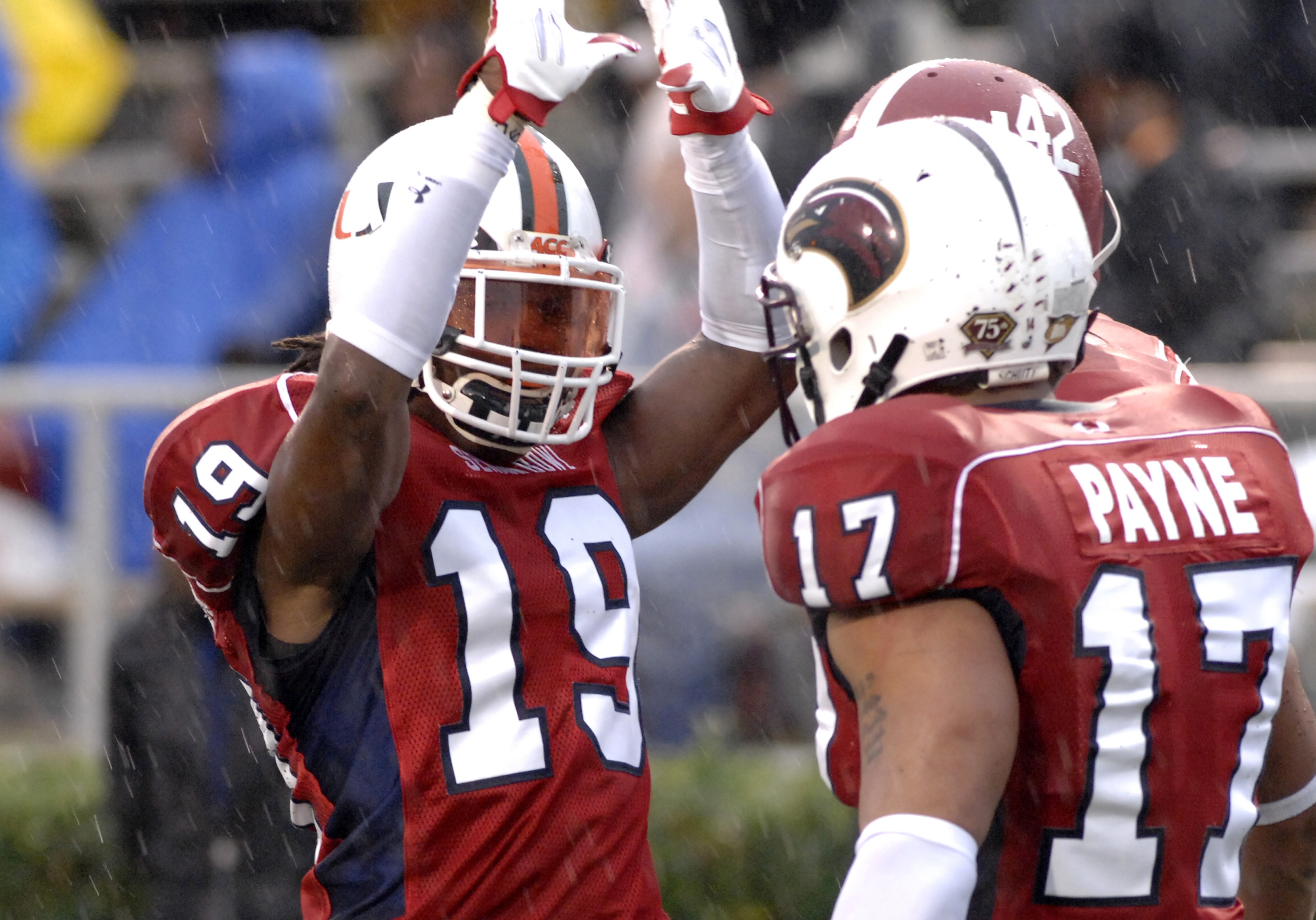 Miami defensive back Brandon Meriweather (19) celebrates a play for  the South  team at the 2007 Under Armour Senior Bowl in Mobile Jan. 27. (Photo by A. Messerschmidt/Getty Images)