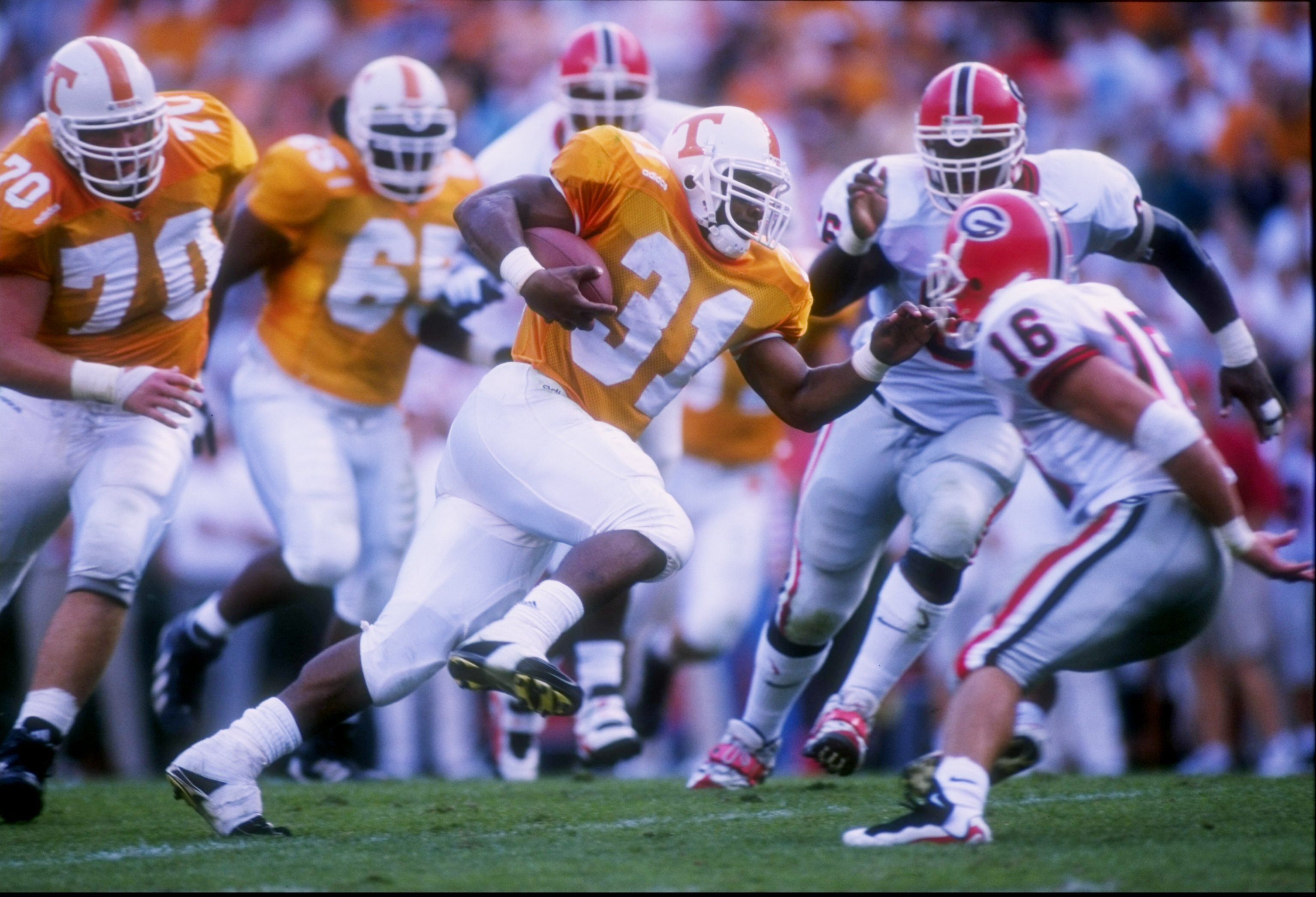 11 Oct 1997:  Jamal Lewis of the Tennessee Volunteers runs with the ball during a game against the Georgia Bulldogs at Neyland Stadium in Knoxville, Tennessee.  Tennessee won the game 38-13. Mandatory Credit: Craig Jones  /Allsport