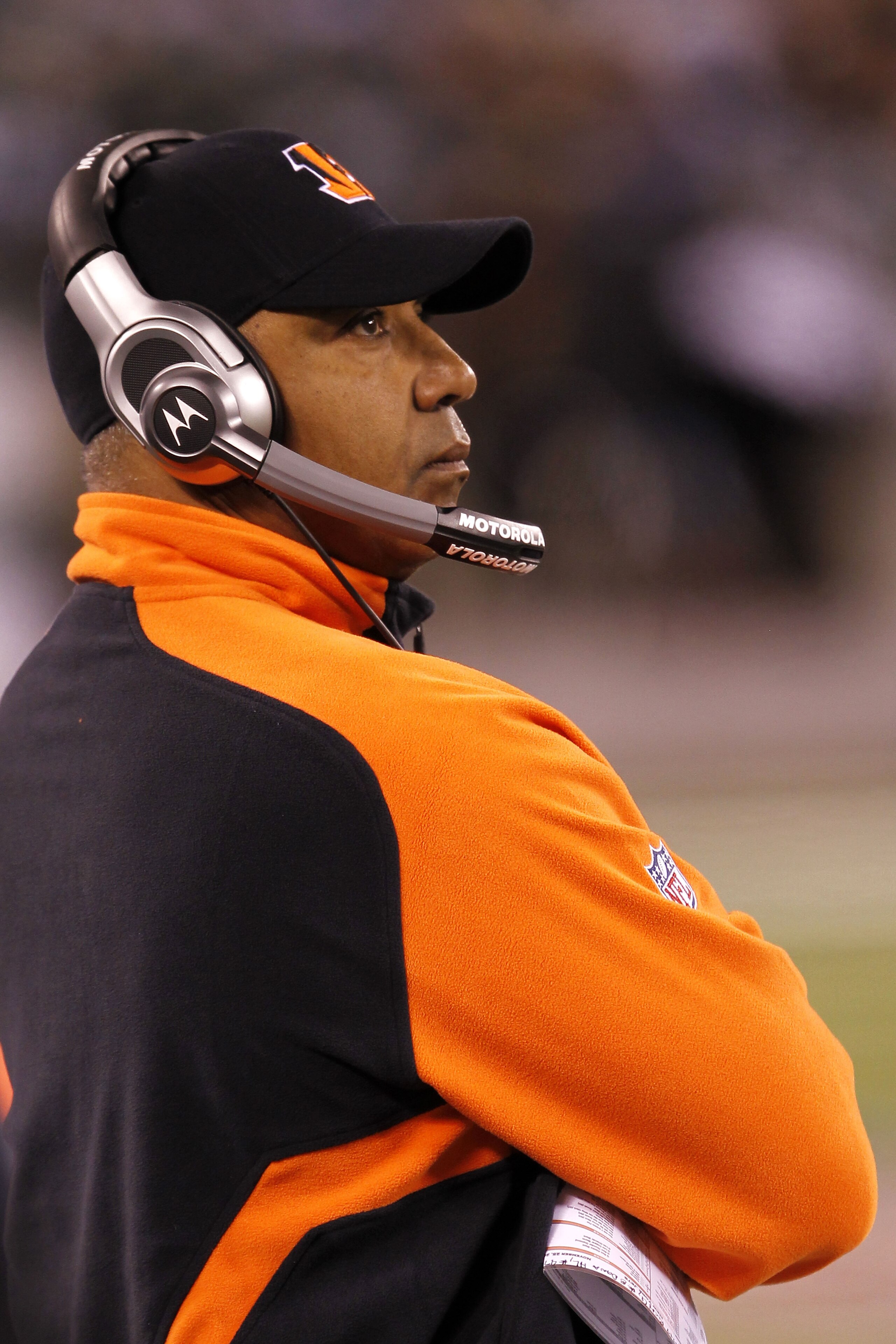 EAST RUTHERFORD, NJ - NOVEMBER 25: Head Coach Marvin Lewis of the Cincinnati Bengals watches the game against the New York Jets at New Meadowlands Stadium on November 25, 2010 in East Rutherford, New Jersey. The Jets defeated the Bengals 26-10.  (Photo by