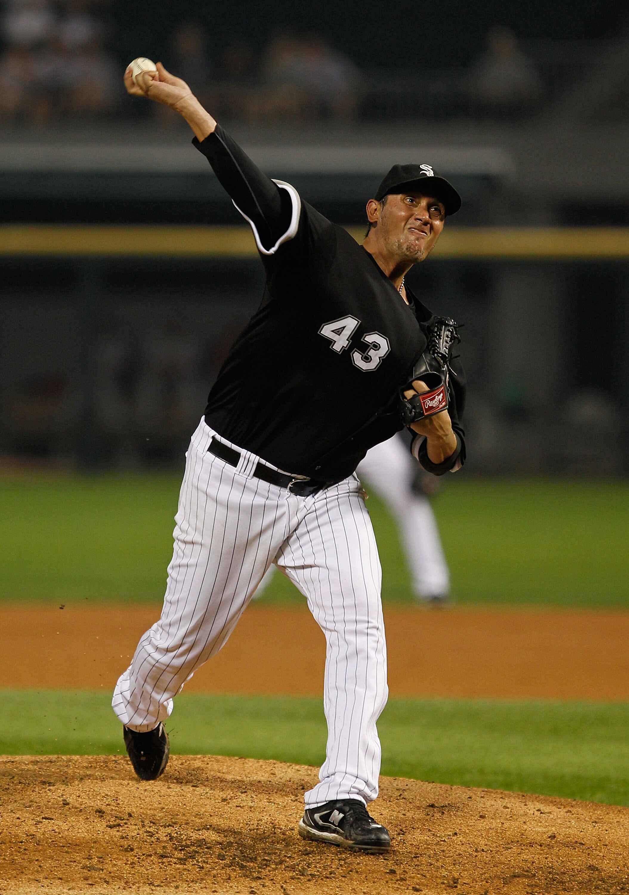 CHICAGO - JULY 07: Starting pitcher Freddy Garcia #43 of the Chicago White Sox delivers the ball against the Los Angeles Angels of Anaheim at U.S. Cellular Field on July 7, 2010 in Chicago, Illinois. The White Sox defeated the Angels 5-2. (Photo by Jonath