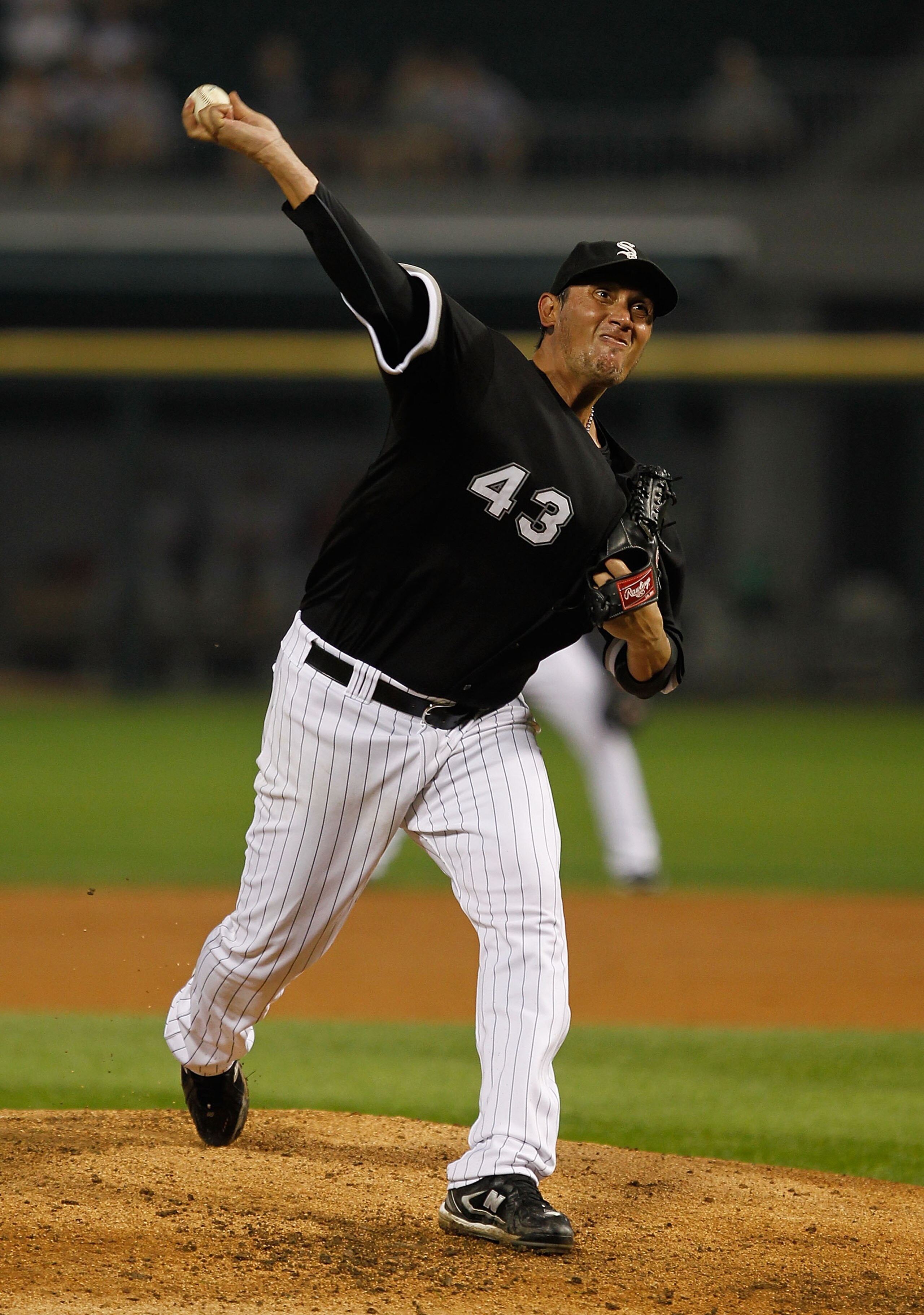 CHICAGO - JULY 07: Starting pitcher Freddy Garcia #43 of the Chicago White Sox delivers the ball against the Los Angeles Angels of Anaheim at U.S. Cellular Field on July 7, 2010 in Chicago, Illinois. The White Sox defeated the Angels 5-2. (Photo by Jonath