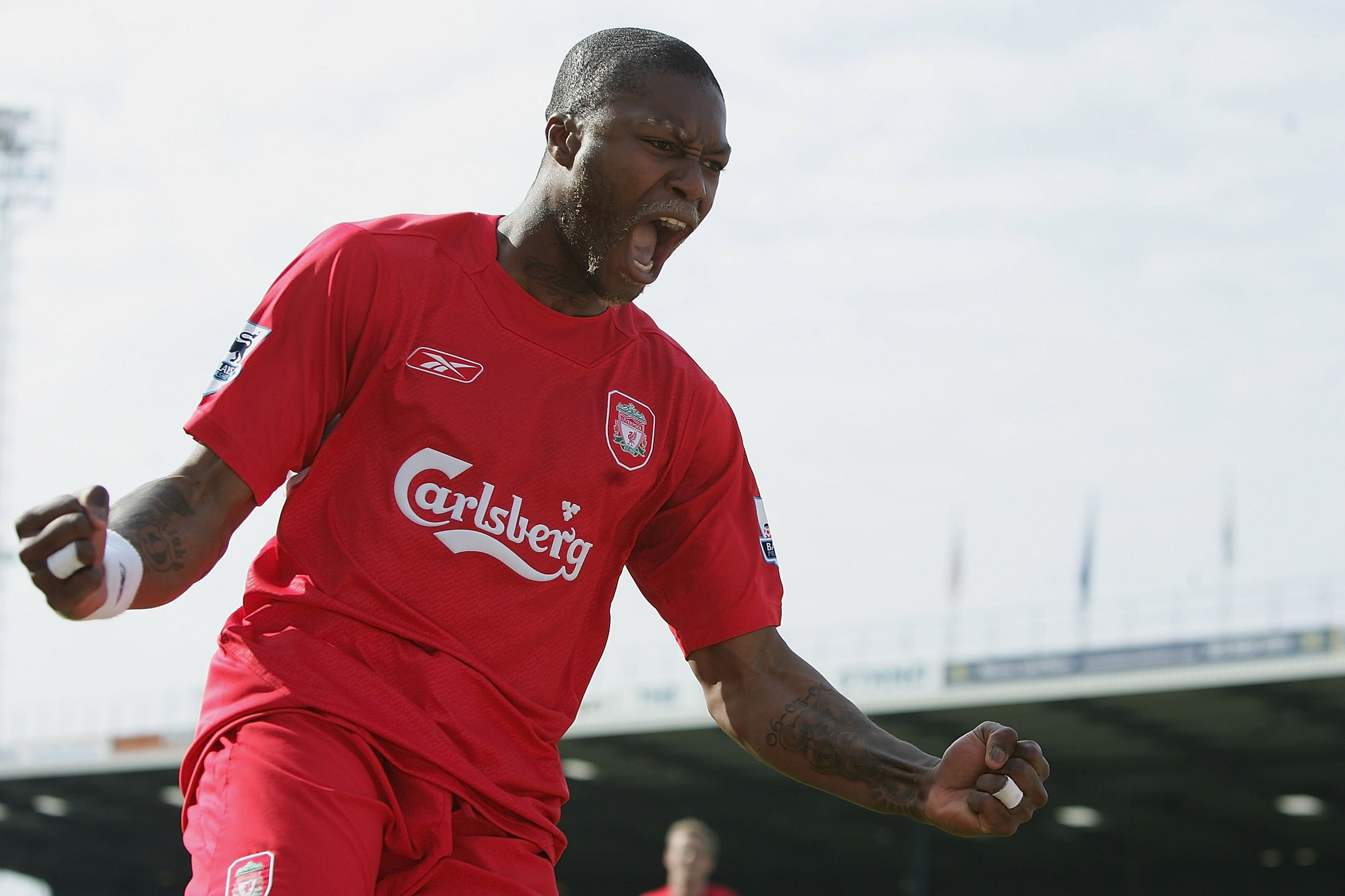 PORTSMOUTH, UNITED KINGDOM - MAY 07:  Djibril Cisse of Liverpool celebrates his goal during the Barclays Premiership match between Portsmouth and Liverpool at Fratton Park on May 7, 2006 in Portsmouth, England.  (Photo by Ben Radford/Getty Images)