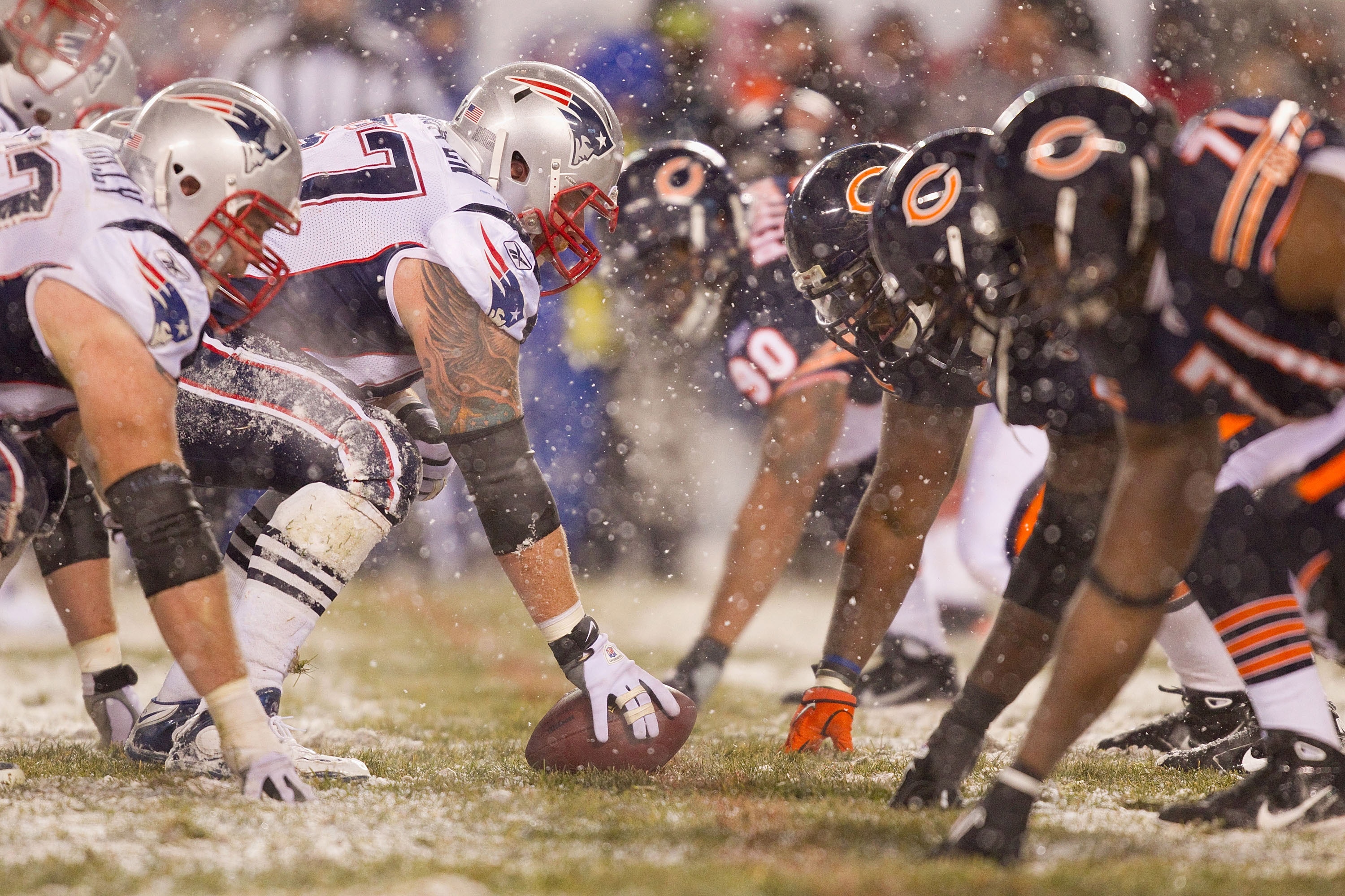CHICAGO, IL - DECEMBER 12: The New England Patriots line up against the Chicago Bears at Soldier Field on December 12, 2010 in Chicago, Illinois.  The Patriots beat the Bears 36-7.  (Photo by Dilip Vishwanat/Getty Images)