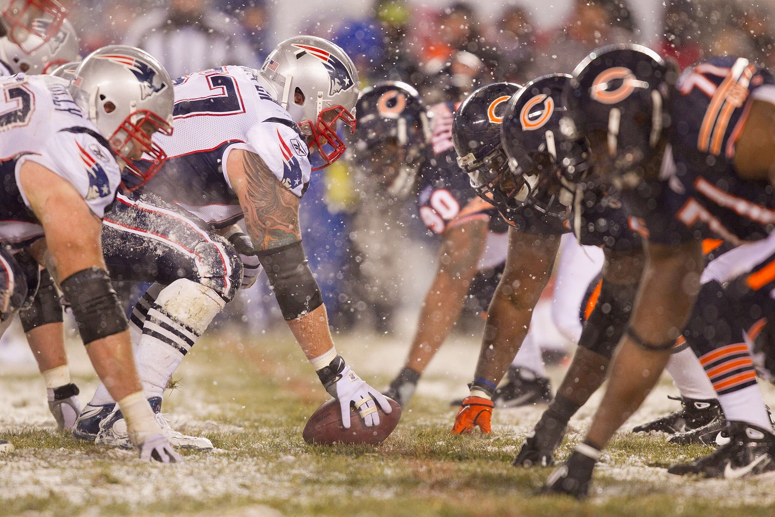 CHICAGO, IL - DECEMBER 12: The New England Patriots line up against the Chicago Bears at Soldier Field on December 12, 2010 in Chicago, Illinois.  The Patriots beat the Bears 36-7.  (Photo by Dilip Vishwanat/Getty Images)