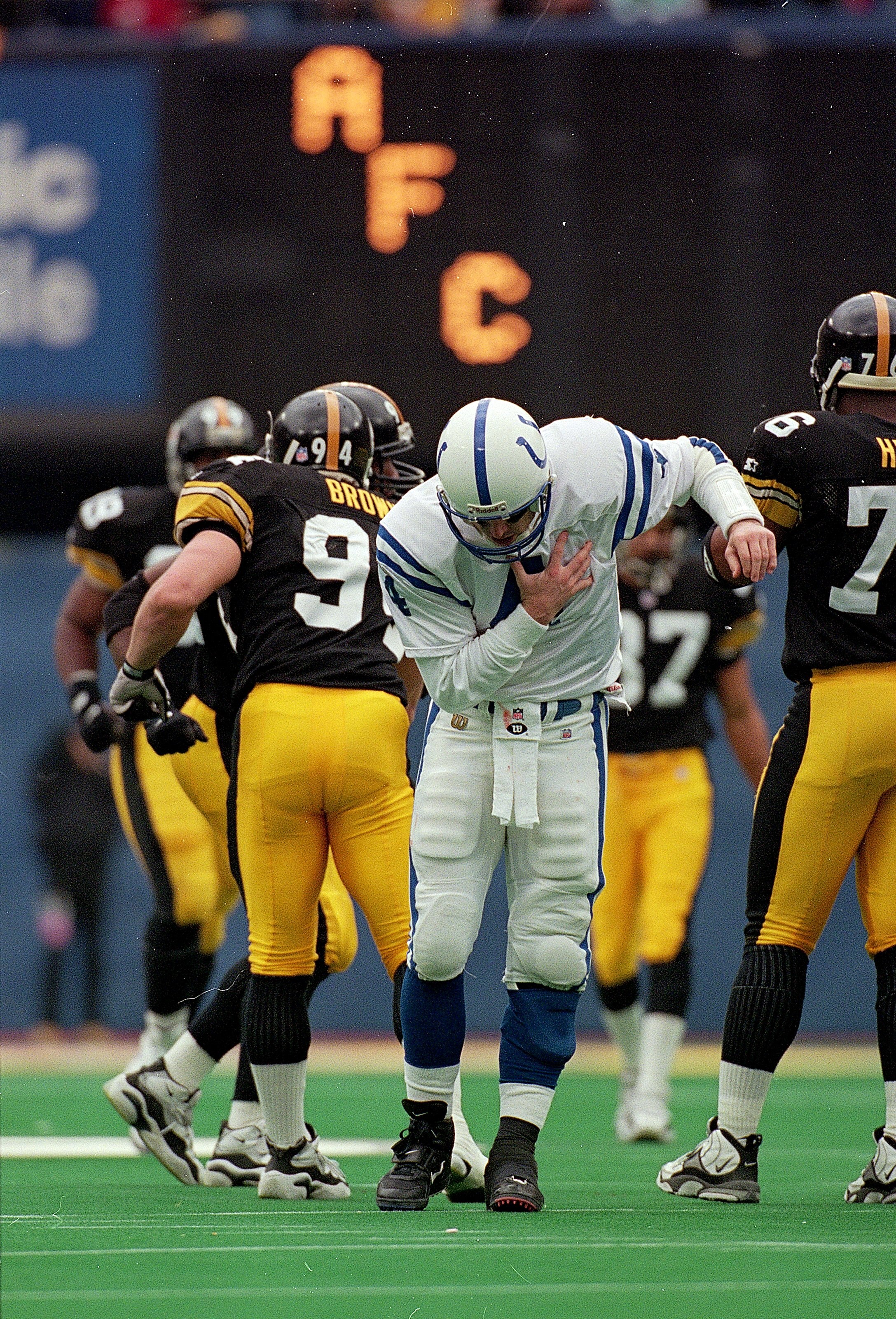 29 Dec 1996:  A Indianapolis Colts player is injured during the game against the Pittsburgh Steelers at Three Rivers Stadium in Pittsburgh, Pennsylvania. The Steelers defeated the Colts 42-14. Mandatory Credit: Doug Pensinger  /Allsport