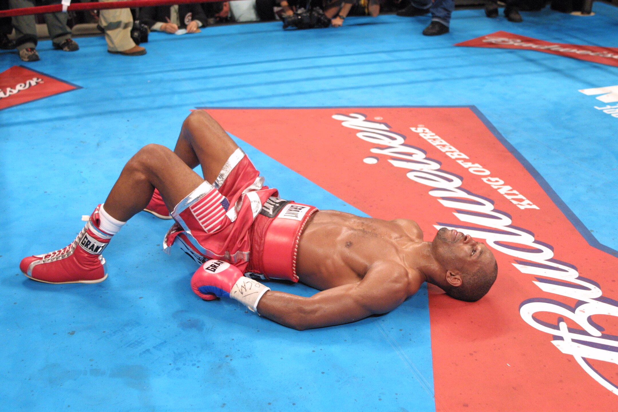 29 Sep 2001:  Bernard Hopkins celebrates after knocking out  Felix Trinidad in the 12th round of their middleweight championship unification fight at Madison Square Garden in New York City.    Digital image. Mandatory Credit: Al Bello/ALLSPORT