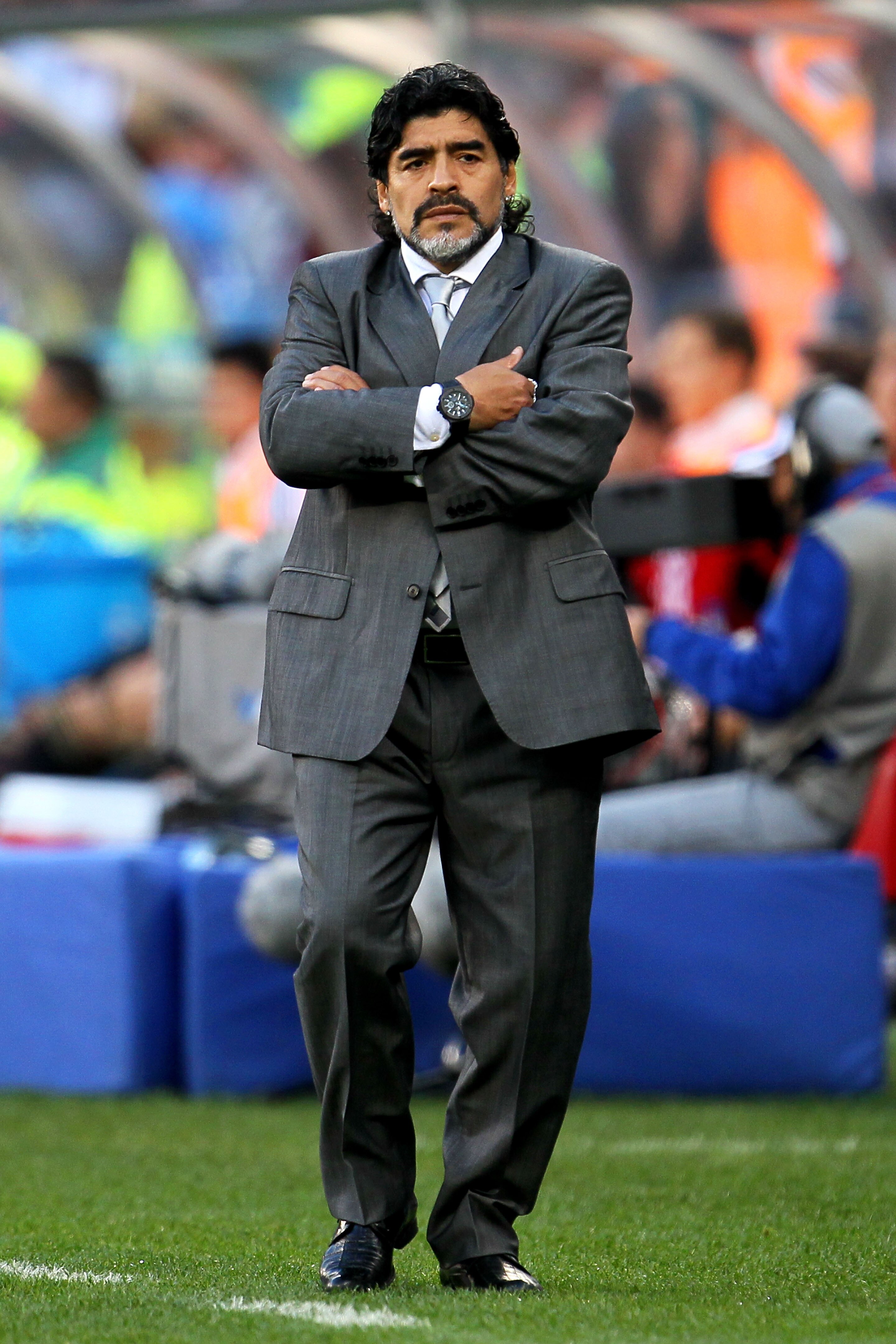 CAPE TOWN, SOUTH AFRICA - JULY 03:  Diego Maradona head coach of Argentina looks thoughtful on the touchline during the 2010 FIFA World Cup South Africa Quarter Final match between Argentina and Germany at Green Point Stadium on July 3, 2010 in Cape Town,