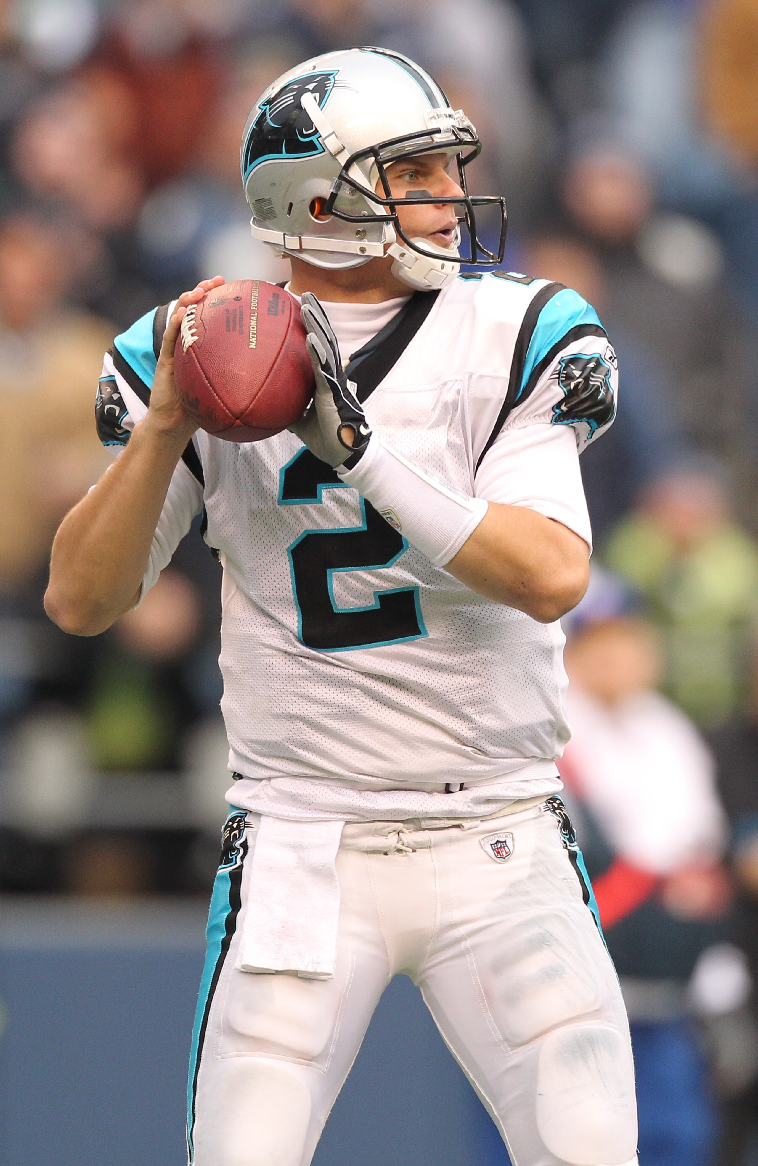 SEATTLE - DECEMBER 05:  Quarterback Jimmy Clausen #2 of the Carolina Panthers looks downfield against the Seattle Seahawks at Qwest Field on December 5, 2010 in Seattle, Washington. The Seahawks won, 31-14. (Photo by Otto Greule Jr/Getty Images)