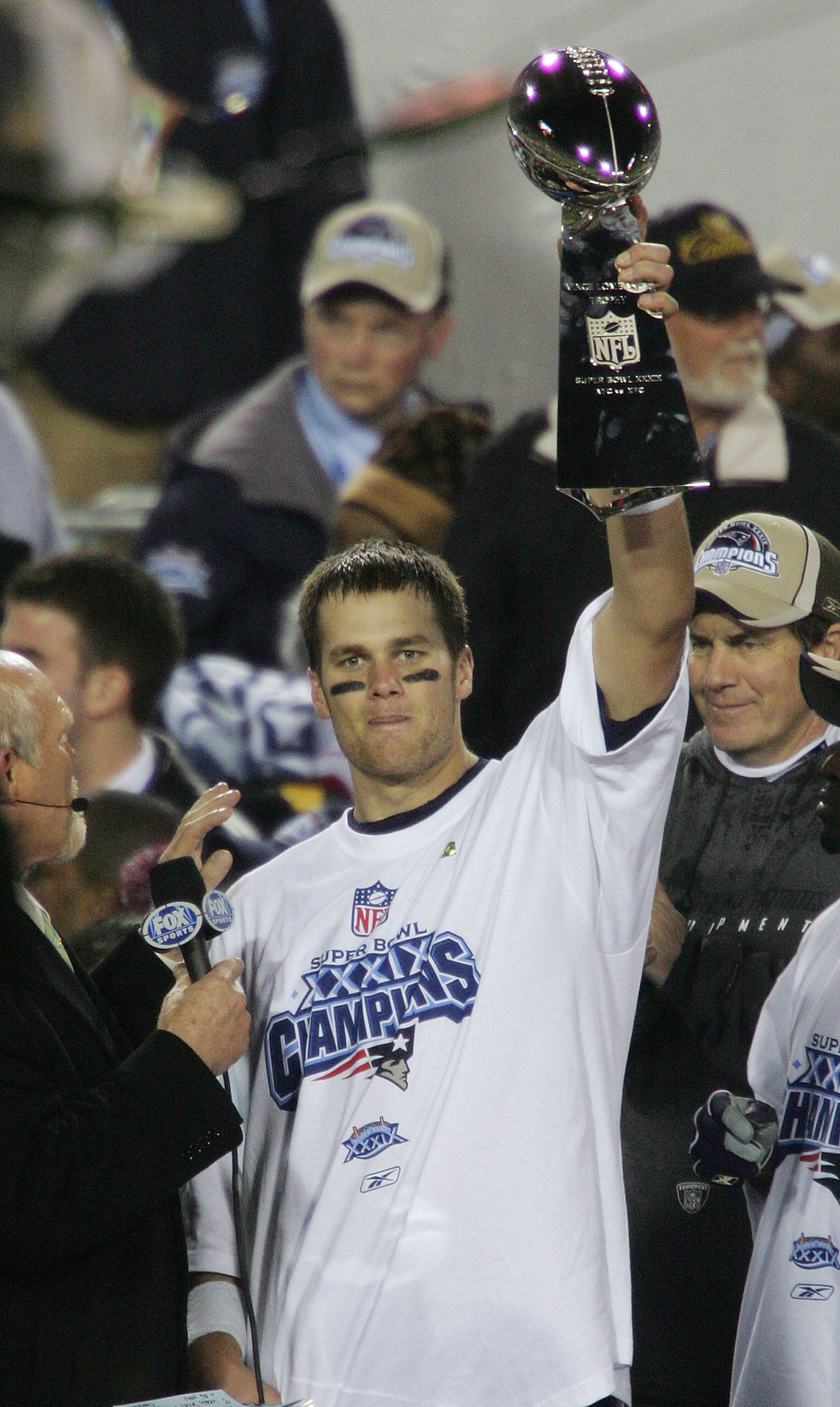 JACKSONVILLE, FLORIDA - FEBRUARY 06: Quarterback Tom Brady #12 of the New England Patriots celebrates with the Lombardi trophy after defeating the Philadelphia Eagles in Super Bowl XXXIX at Alltel Stadium on February 6, 2005 in Jacksonville, Florida. Th JACKSONVILLE, FLORIDA - FEBRUARY 06: Quarterback Tom Brady #12 of the New England Patriots celebrates with the Lombardi trophy after defeating the Philadelphia Eagles in Super Bowl XXXIX at Alltel Stadium on February 6, 2005 in Jacksonville, Florida. Th