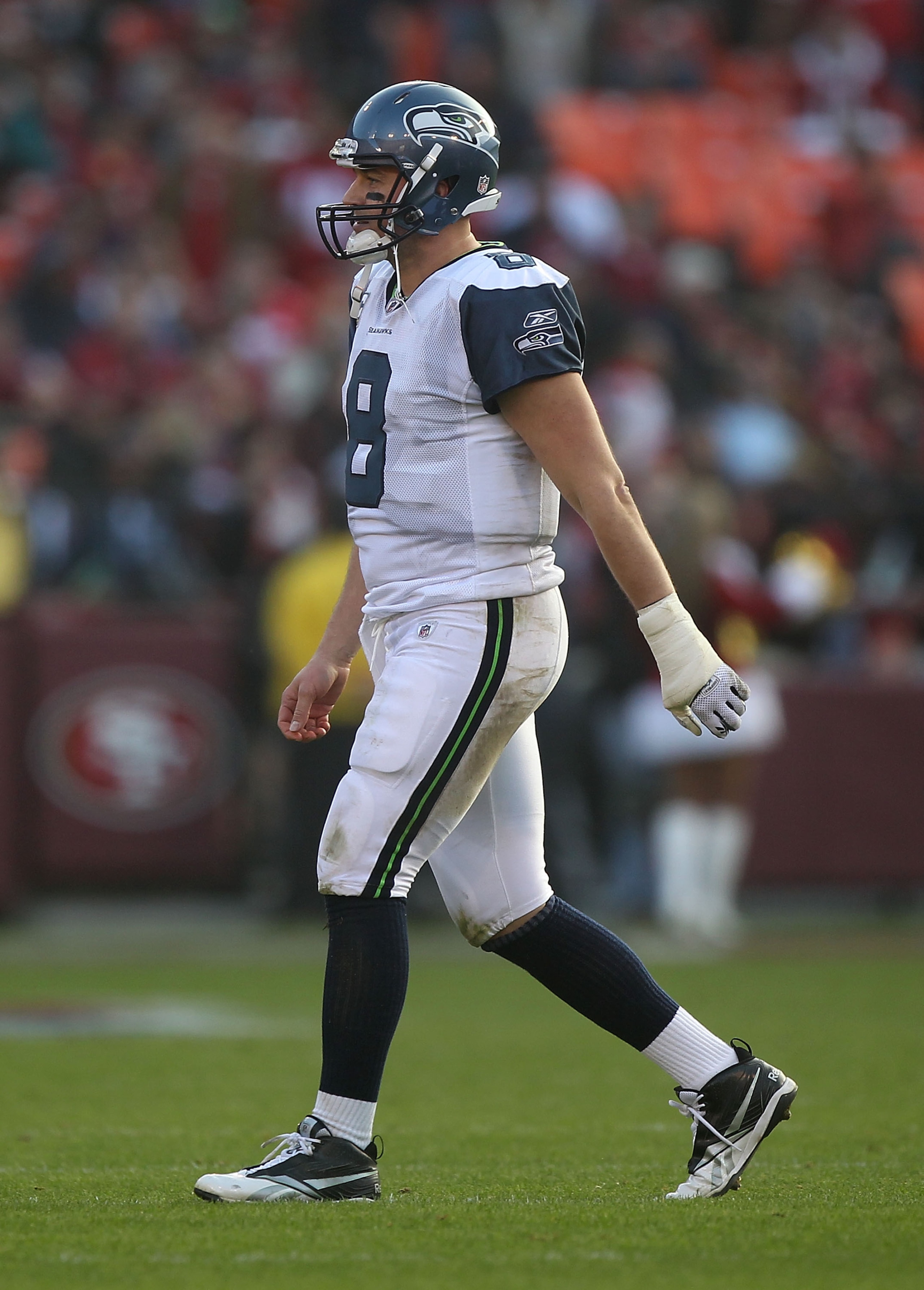 SAN FRANCISCO - DECEMBER 12:  Matt Hasselbeck #8 of the Seattle Seahawks looks on against the San Francisco 49ers during an NFL game at Candlestick Park on December 12, 2010 in San Francisco, California.  (Photo by Jed Jacobsohn/Getty Images)