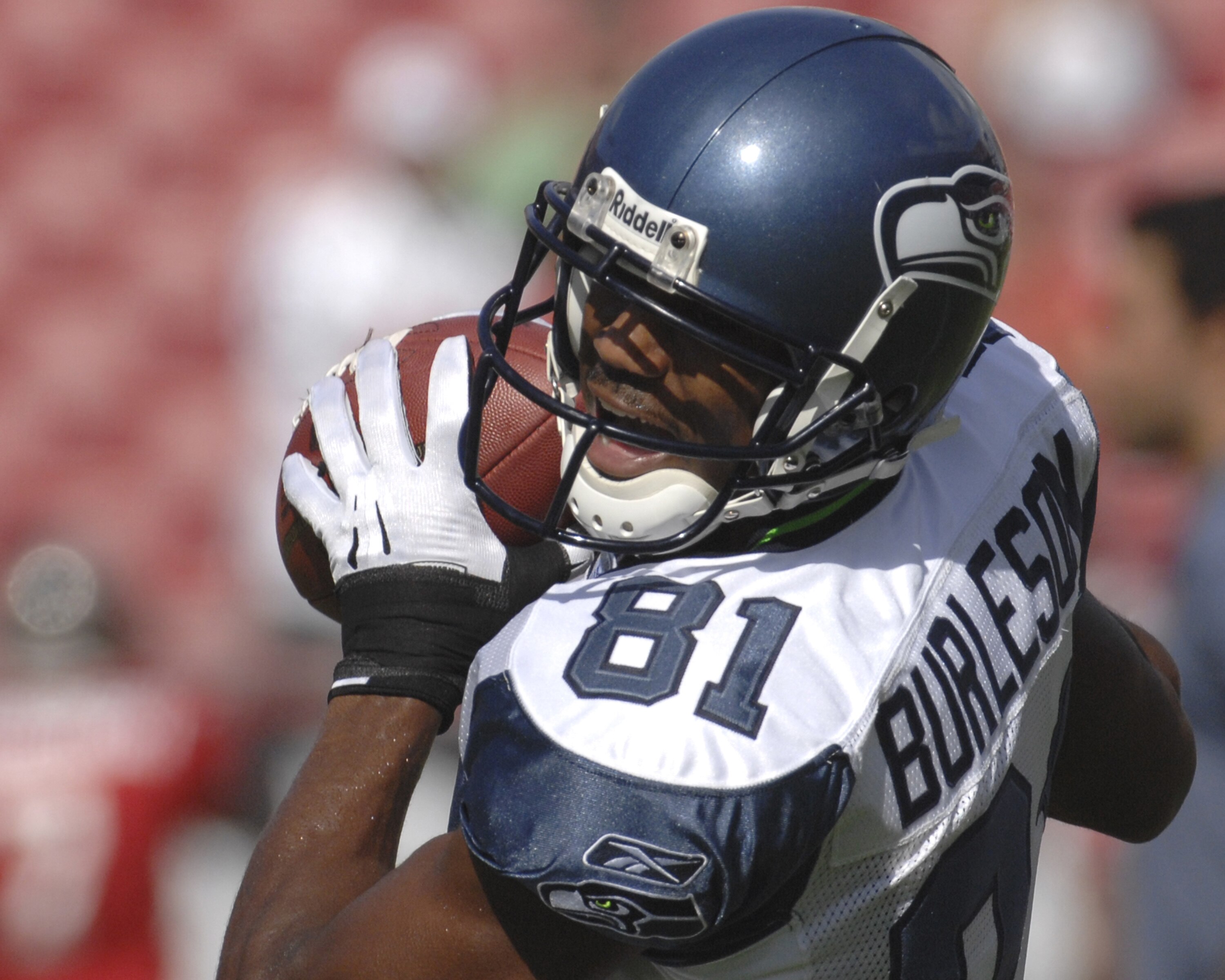 Seattle Seahawks  wide receiver Nate Burleson grabs a pass  against the Tampa Bay Buccaneers Dec. 31, 2006 at Raymond James Stadium in Tampa.  (Photo by Al Messerschmidt/Getty Images)