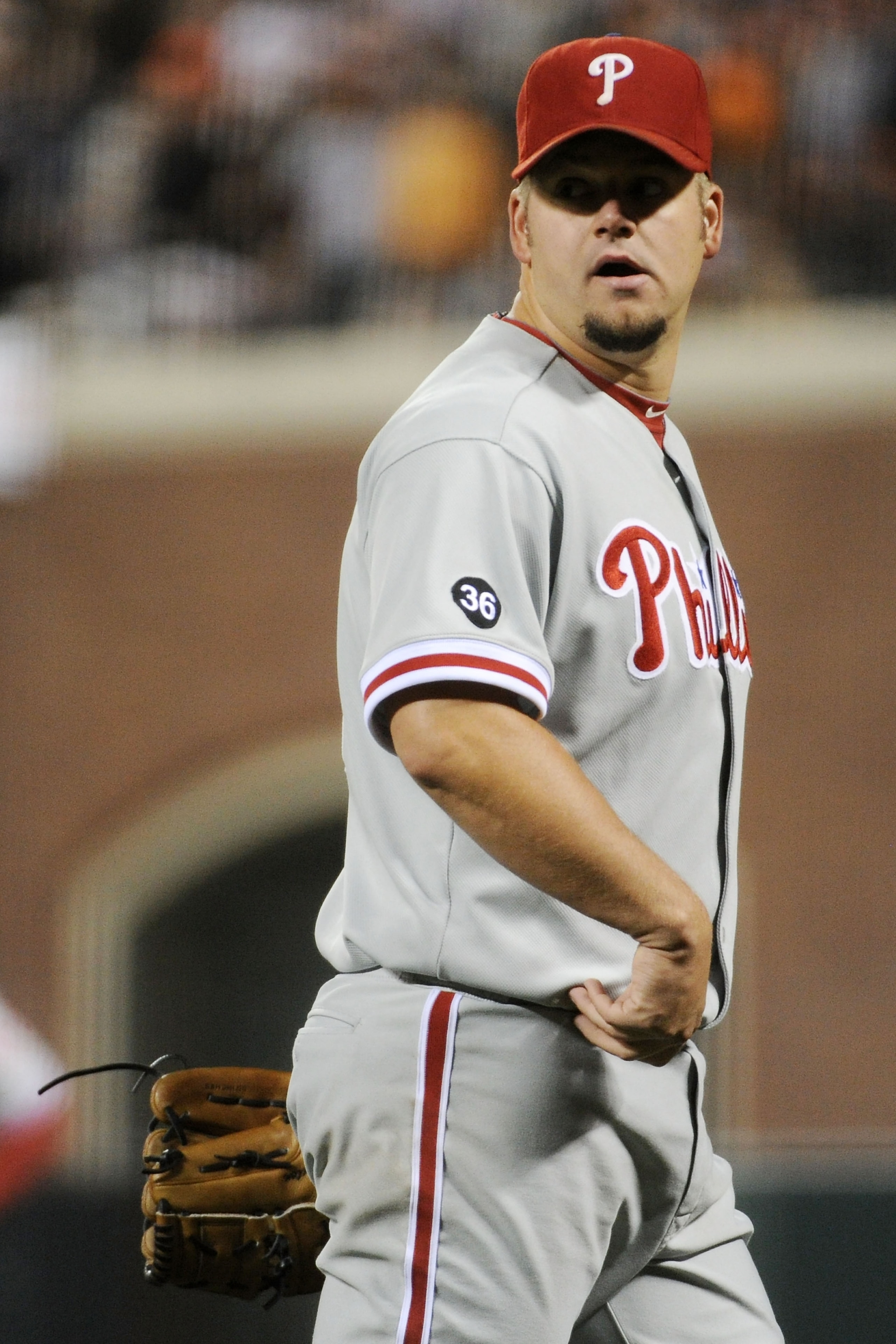 SAN FRANCISCO - OCTOBER 20: Joe Blanton #56 of the Philadelphia Phillies reacts in the fifth inning of Game Four of the NLCS against the San Francisco Giants during the 2010 MLB Playoffs at AT&T Park on October 20, 2010 in San Francisco, California. (Ph SAN FRANCISCO - OCTOBER 20: Joe Blanton #56 of the Philadelphia Phillies reacts in the fifth inning of Game Four of the NLCS against the San Francisco Giants during the 2010 MLB Playoffs at AT&T Park on October 20, 2010 in San Francisco, California. (Ph