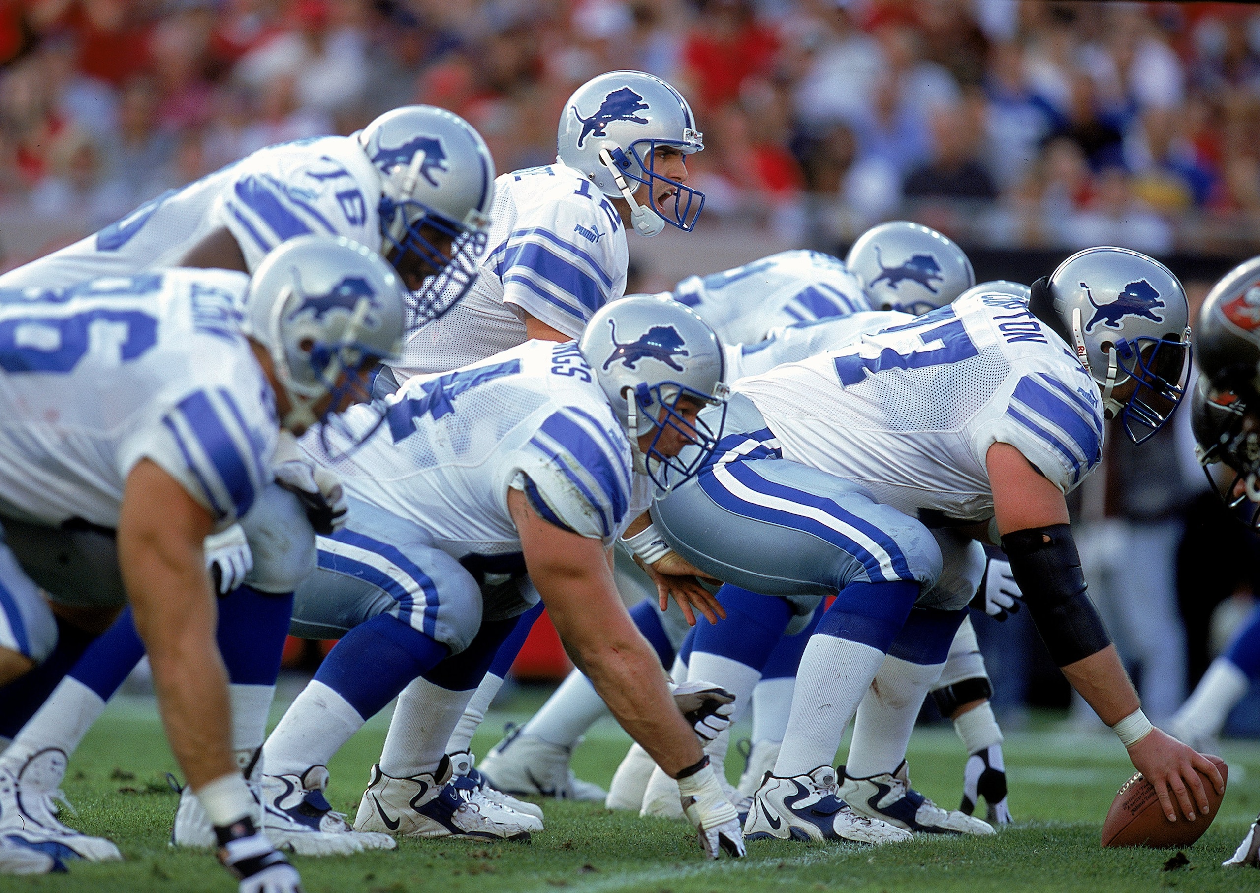 12 Dec 1999: Gus Frerotte #12 of the Detroit Lions calls the count from the line of scrimmage during the game against the Tampa Bay Buccaneers at the Raymond James Stadium in Tampa Bay, Florida. The Buccaneers defeated the Lions 23-16. Mandatory Credit: A