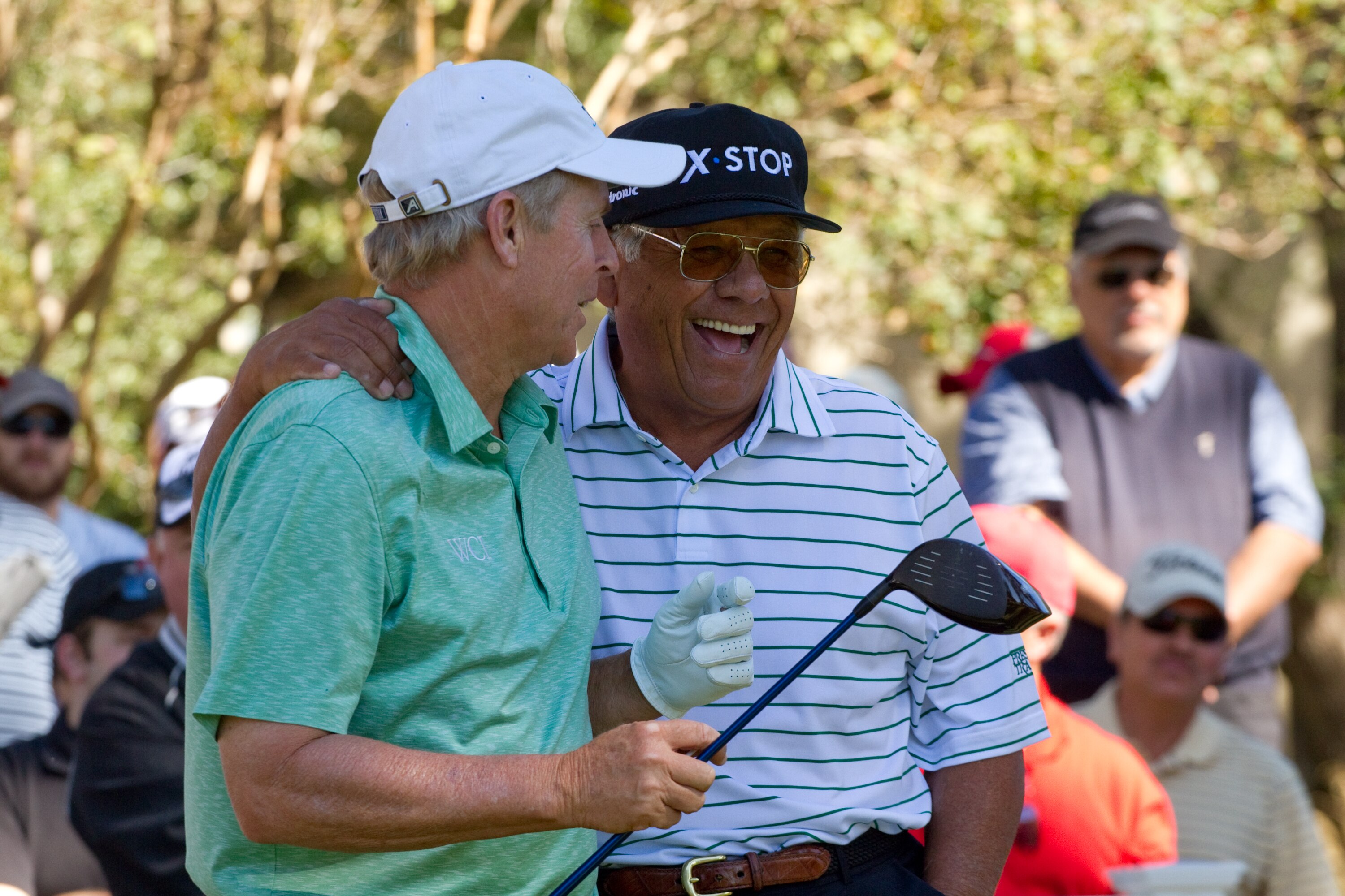 SAN ANTONIO, TX - OCTOBER 30: Lee Trevino jokes with Wayne Levi during the second round of the AT&T Championship at Oak Hills Country Club on October 30, 2010 in San Antonio, Texas. (Photo by Darren Carroll/Getty Images)