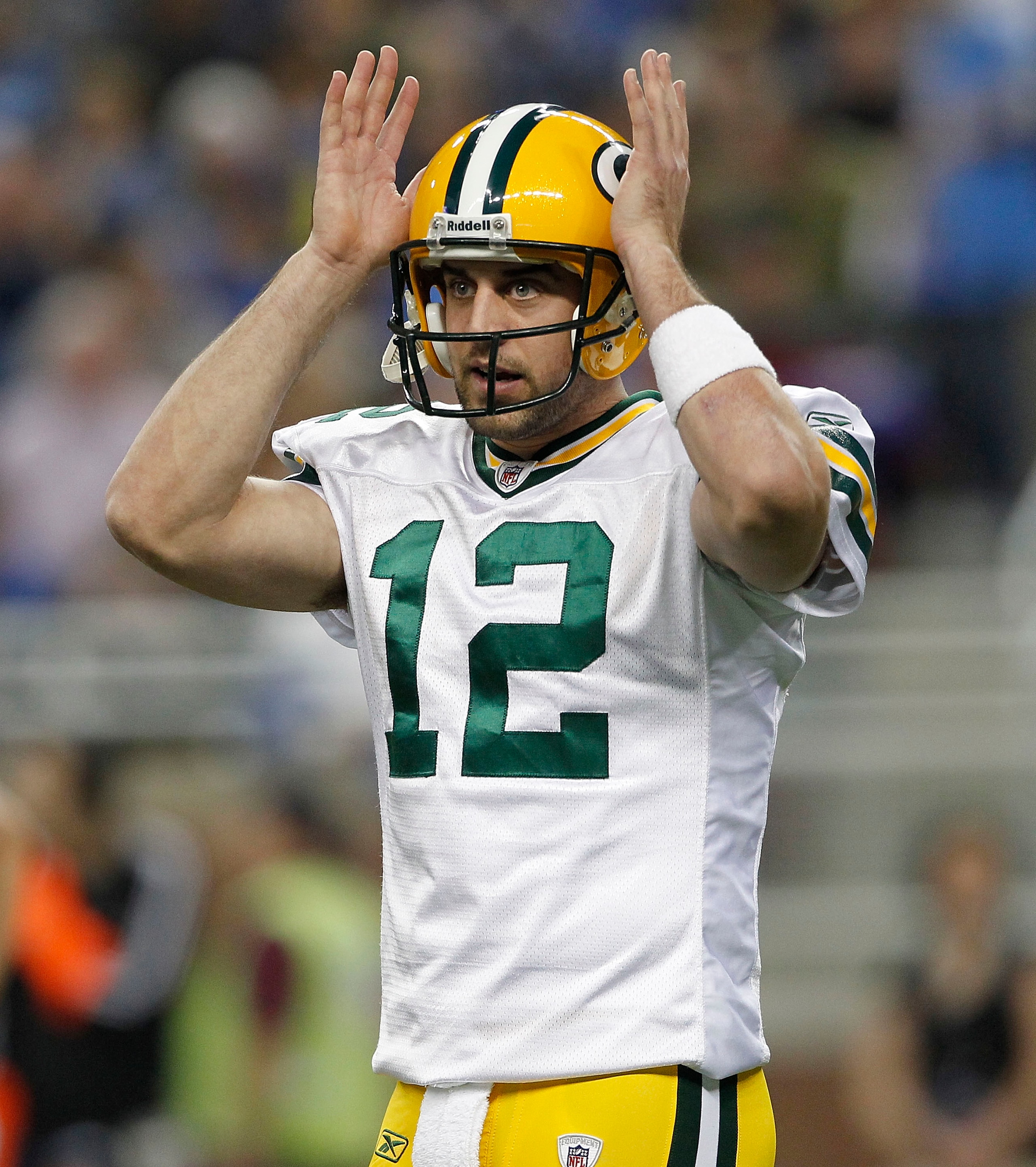 DETROIT - DECEMBER 12:  Aaron Rogers #12 of the Green Bay Packers during the second quarter of the game against the Detroit Lions at Ford Field on December 12, 2010 in Detroit, Michigan.  (Photo by Leon Halip/Getty Images)