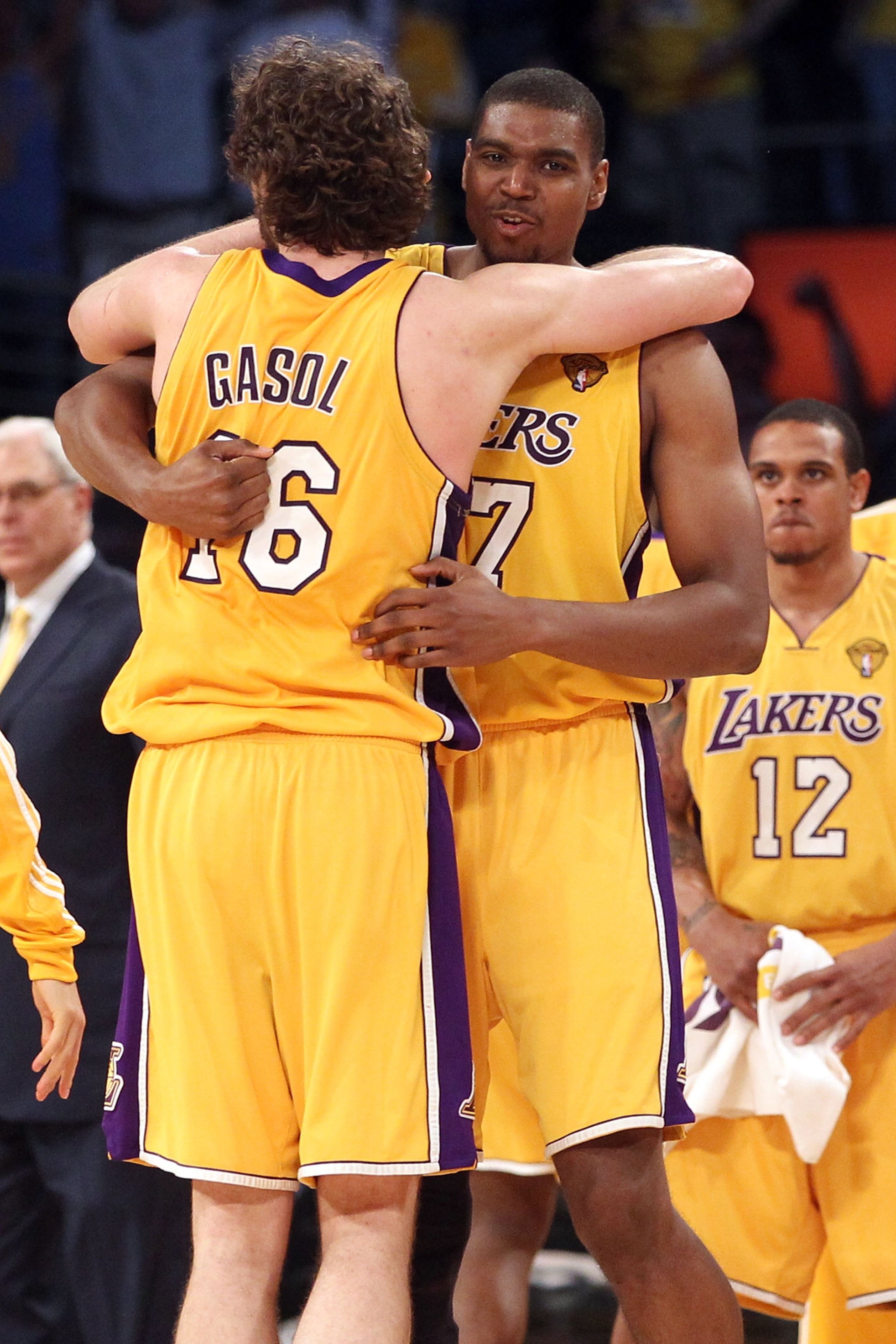 LOS ANGELES, CA - JUNE 17:  Pau Gasol #16 of the Los Angeles Lakers reacts in the second half with teammate Andrew Bynum #17 while taking on the Boston Celtics in Game Seven of the 2010 NBA Finals at Staples Center on June 17, 2010 in Los Angeles, Califor