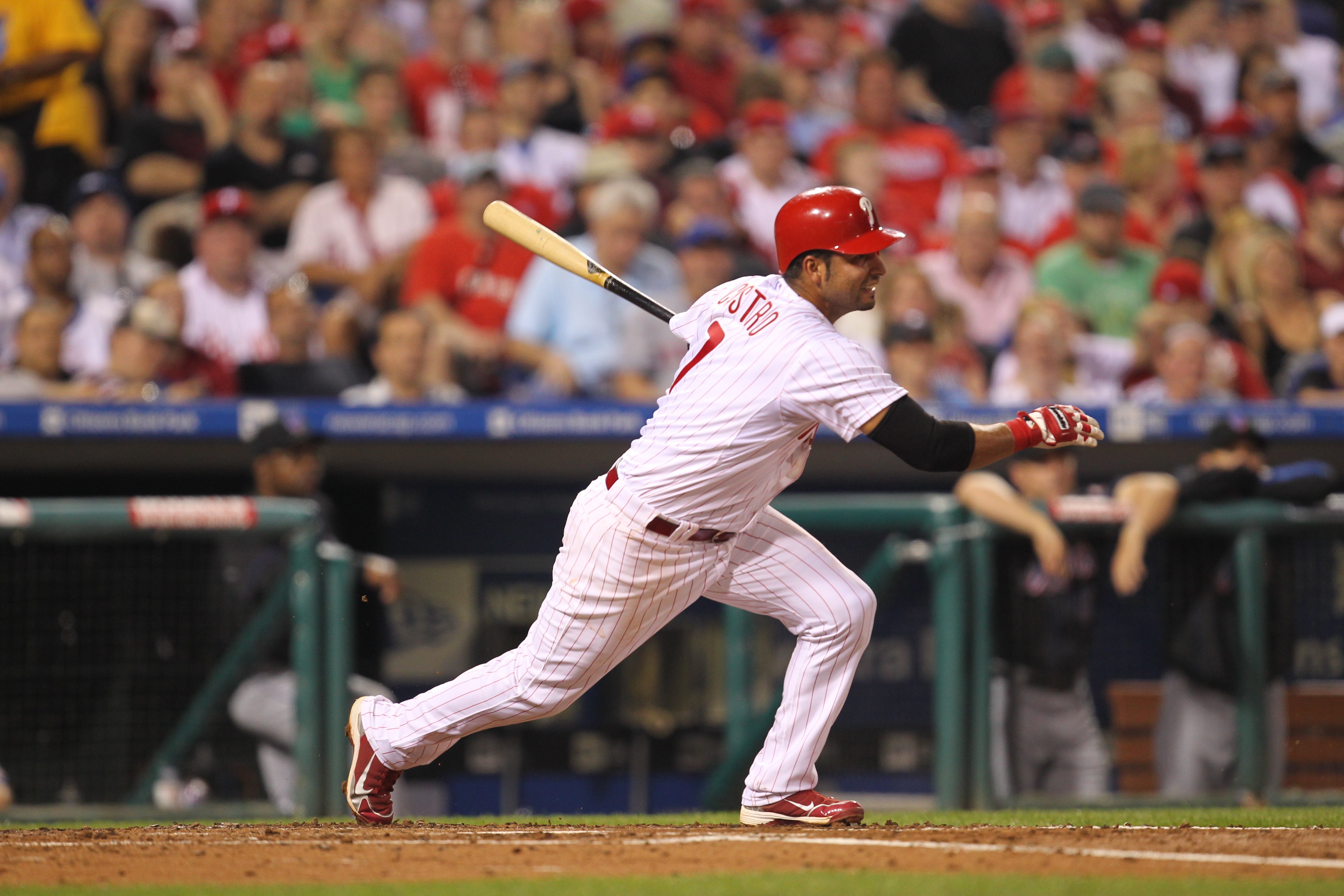 PHILADELPHIA - MAY 2: Shortstop Juan Castro #7 of the Philadelphia Phillies swings at a pitch during a game against the New York Mets at Citizens Bank Park on May 2, 2010 in Philadelphia, Pennsylvania. The Phillies won 11-5. (Photo by Hunter Martin/Getty