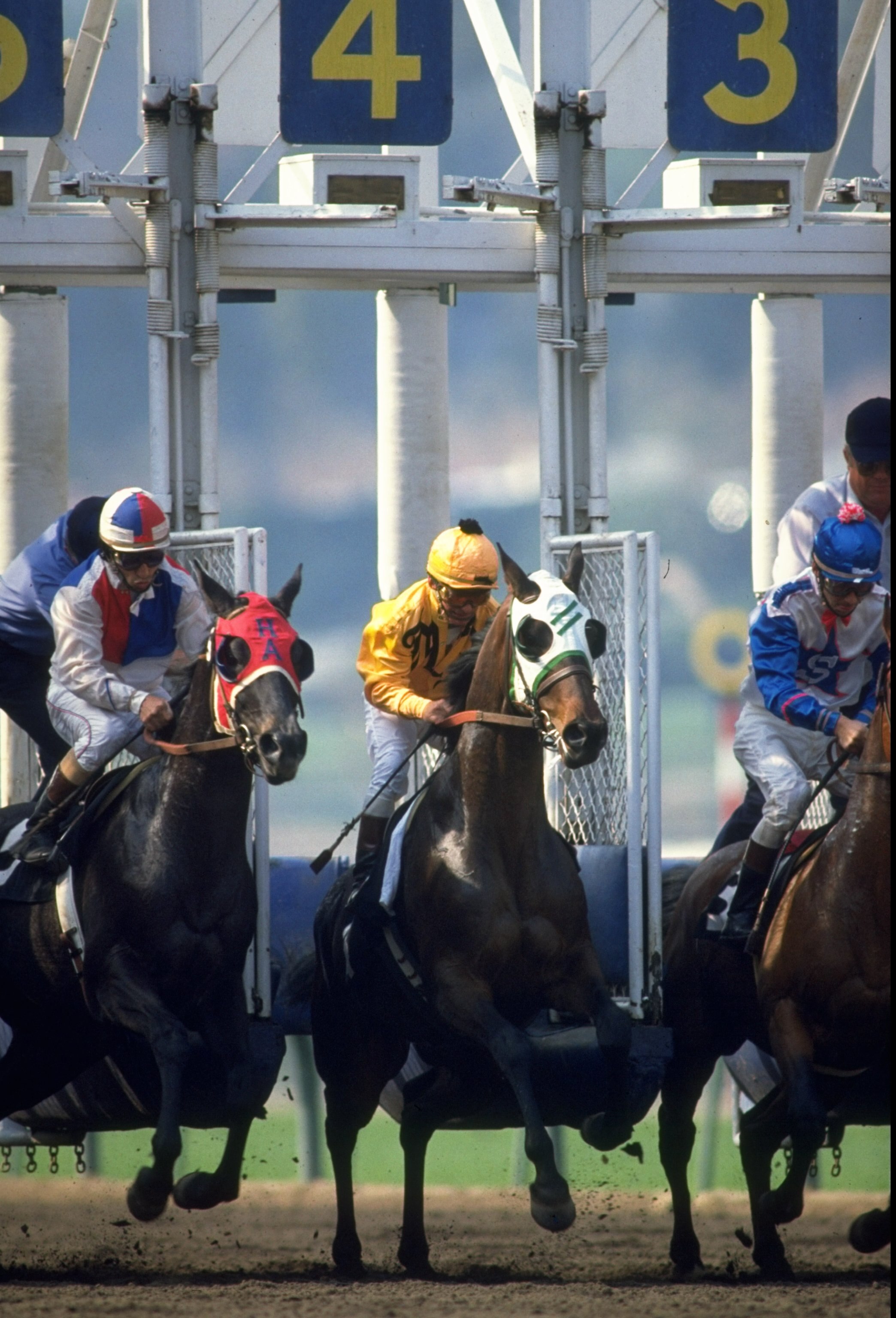 Undated:  Willie Shoemaker (centre) starting out of the gates at full gallop at the racecourse. \ Mandatory Credit: Allsport UK /Allsport